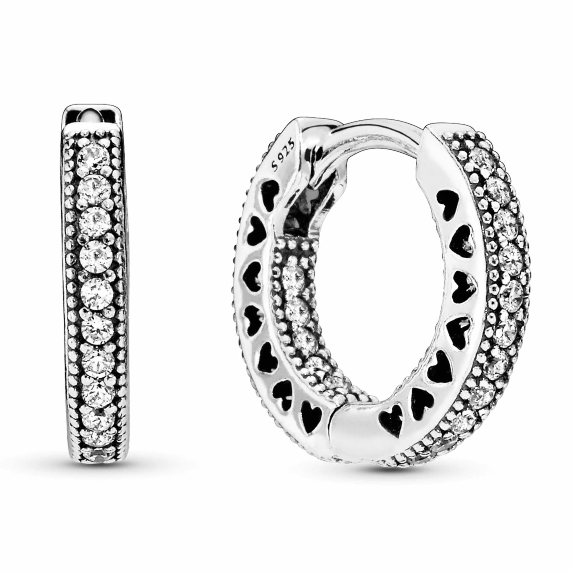 Pandora Signature Wysadzane kryształkami kolczyki koła ze srebra próby 925 z serduszkami