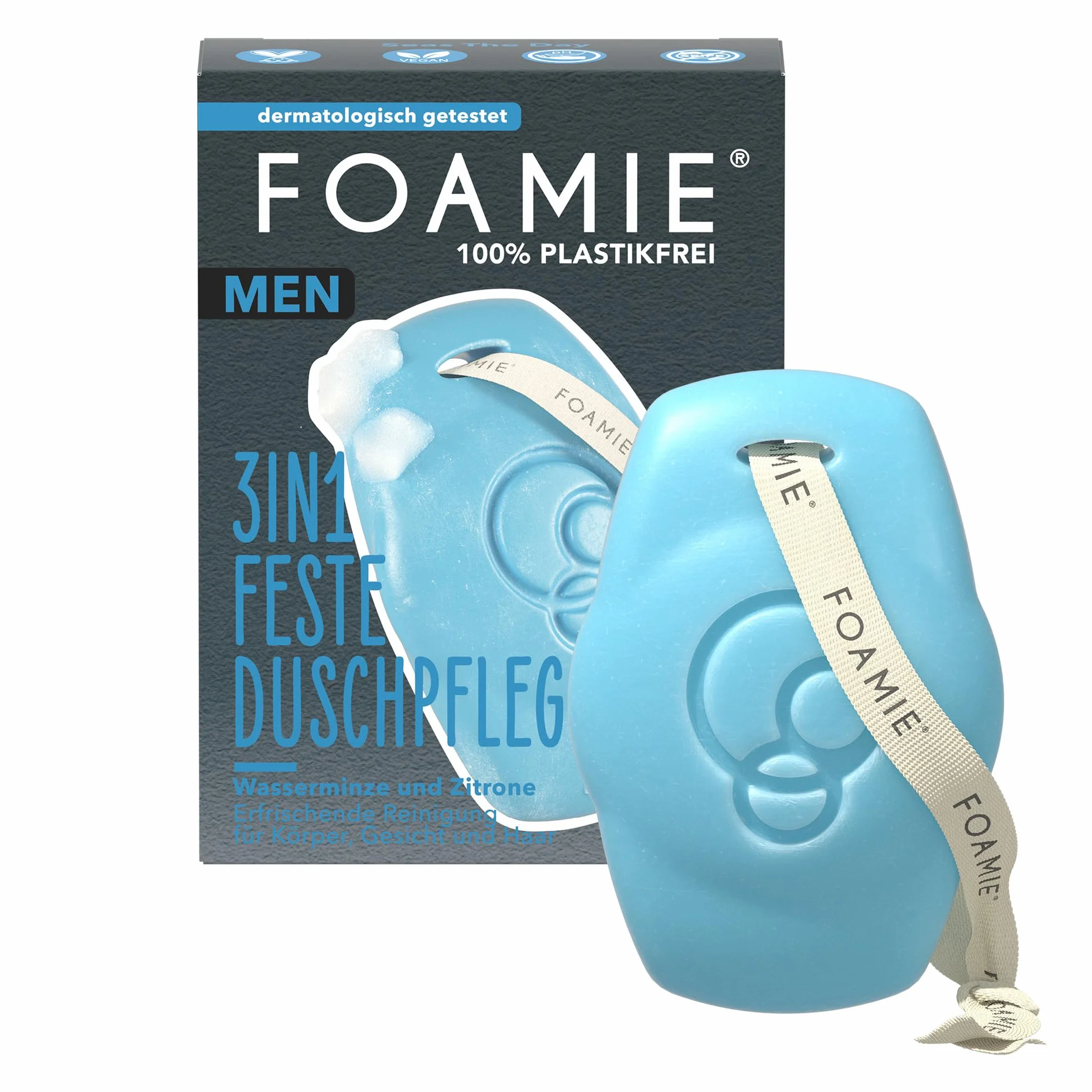 Foamie Men 3 w 1 stały żel pod prysznic i szampon, mięta wodna, cytryna, do ciała, twarzy i włosów, odświeżający zapach, delikatne czyszczenie i pielęgnacja, wegański, bez plastiku i neutralne pH, 90