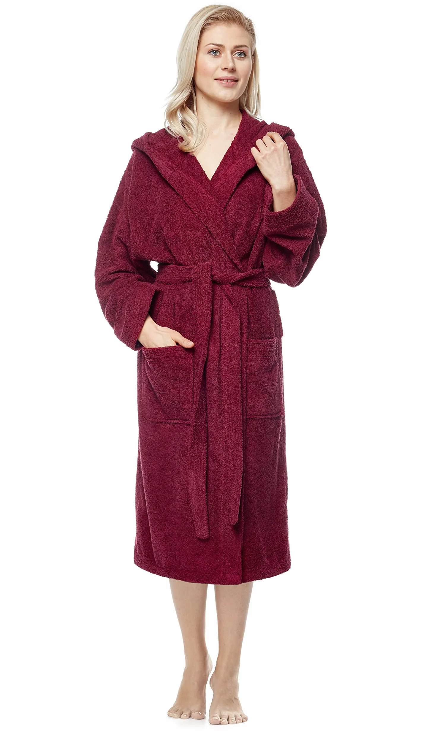 Damski szlafrok z kapturem, długość do łydek albo kostek, frotte z 100% bawełny (380 g/m²) z certyfikatem OEKO-TEX®