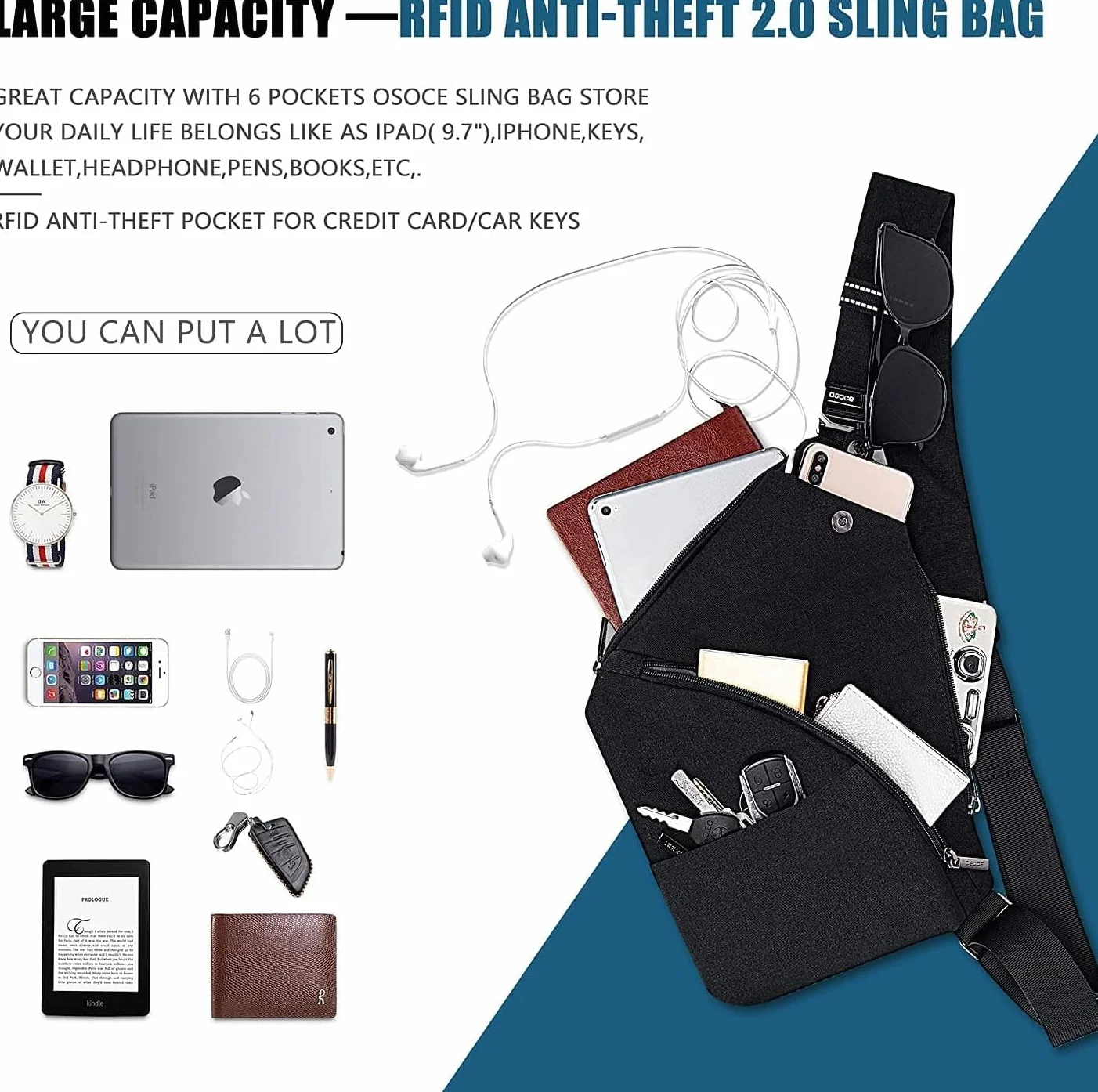 OSOCE Męska torba na klatkę piersiową, antykradzieżowa torba na ramię, torba crossbody, wodoodporne torby, pokrowiec na rower, wędrówki, podróż dla mężczyzn i kobiet, 2.0 Czarny, L,