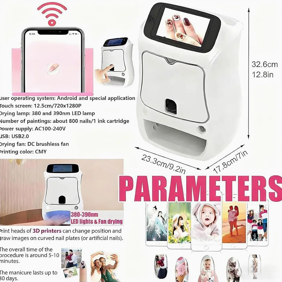 Automatyczna Drukarka Do Paznokci 3d,5-Calowy Ekran Dotykowy,Ponad 1000 Wzorów,10S Wydruk,Przesyłanie Aplikacji,Połączenie Wi-Fi,1200Dpi,Z Wkładem Atramentowym/Żelowym Lakierem Do Paznokci