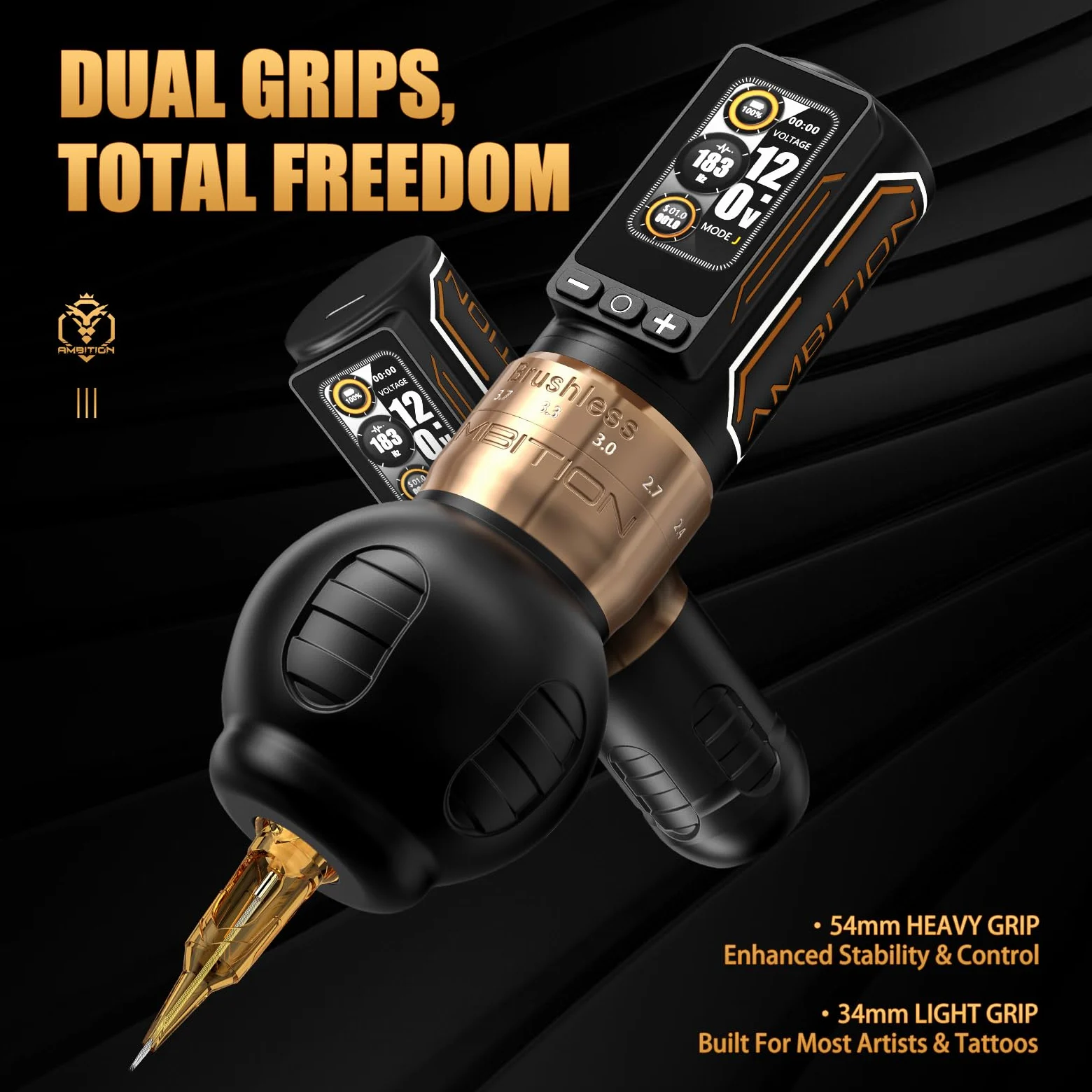 Ambition Rotary Tattoo Gun Ninja Max 280 Bezprzewodowa Maszynka z 7 Skokami 2,4–4,5 mm, Podwójna Bateria 2400mAh, Silnik 280 g.cm, Uchwyty 54 mm i 32 mm