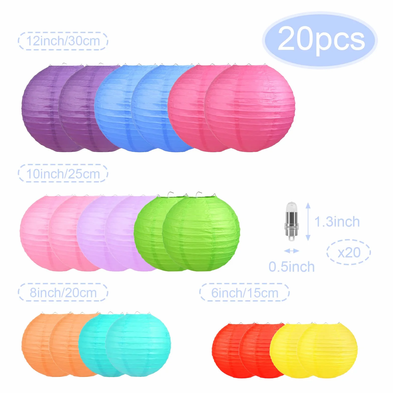 20 kolorowych papierowych latarenek z mini diodami LED