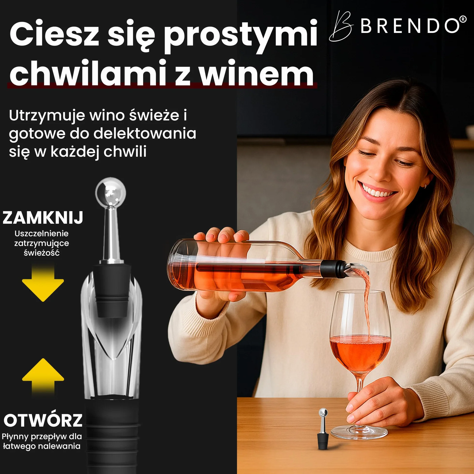 Brendo Chłodziarka do wina 4w1 – Pręt chłodzący ze stali nierdzewnej | Chłodzenie butelek z 2 długościami prętów + nalewak do wina + dekanter + korek | Zestaw prezentowy do wina dla mężczyzn i kobiet