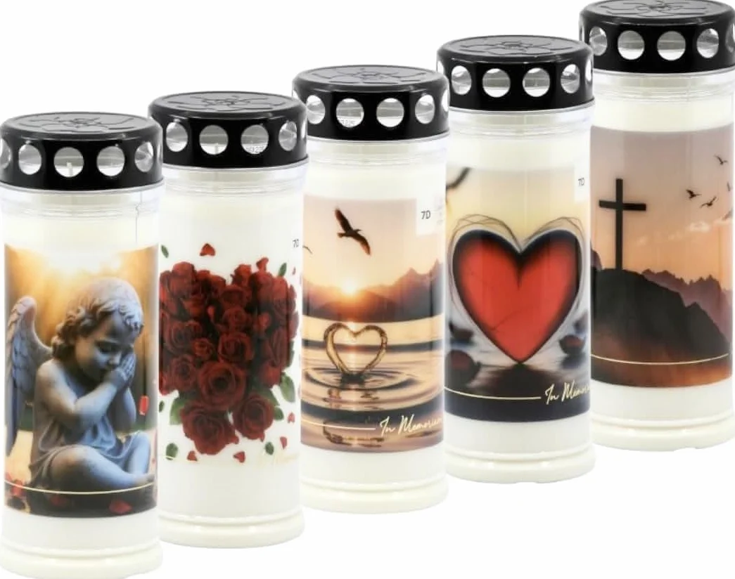 Horeca Candles - Świece Nagrobne z Pokrywkami - Czas Palenia 7 Dni - Zestaw 5 Świec Cmentarnych - Biały Wosk - Świece Zdobione na Grób