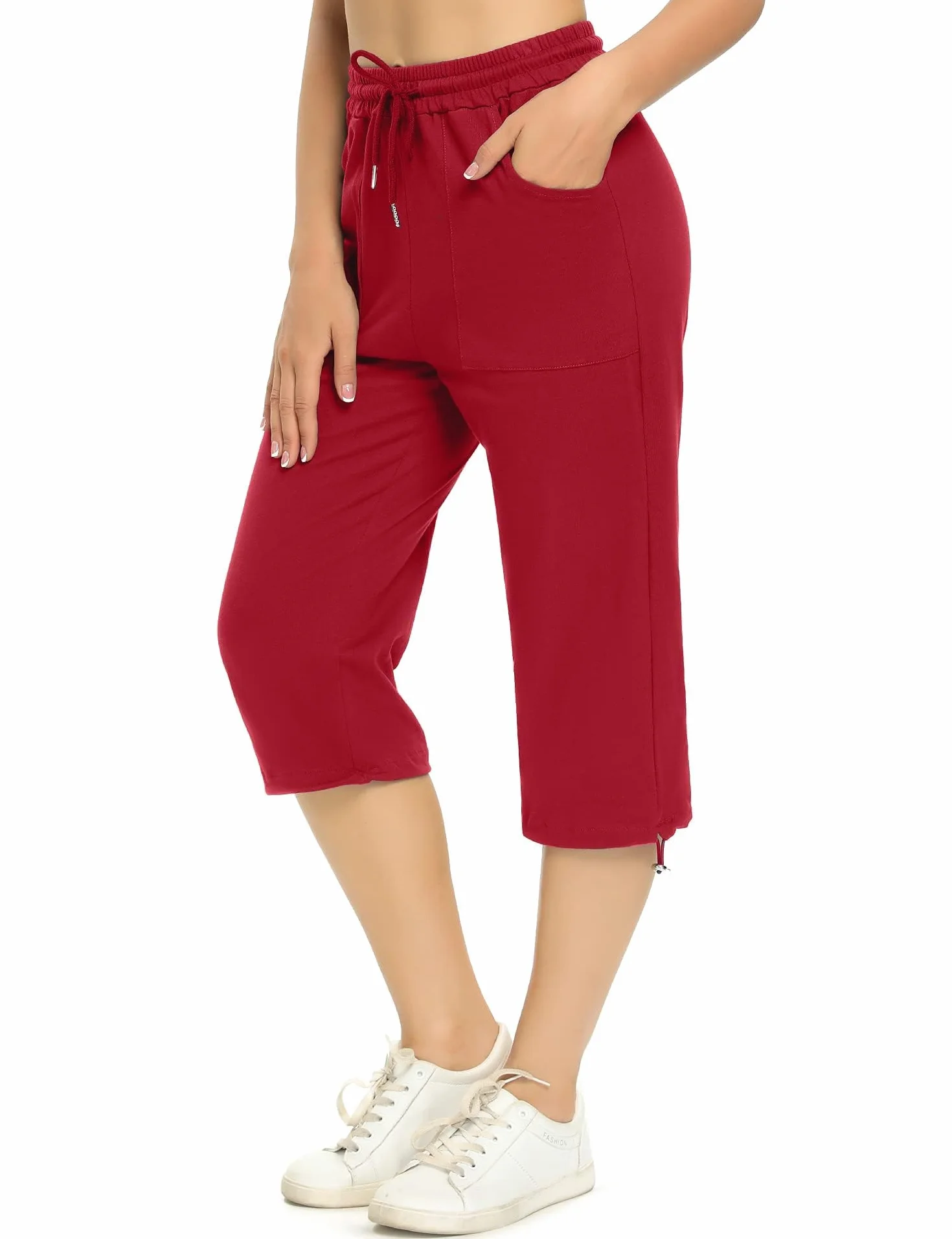 Totatuit Damskie spodnie sportowe 3/4 z wysokim stanem spodnie capri letnie miękkie bawełniane joggery dresowe do jogi piesze wycieczki bieganie, Czerwona, L