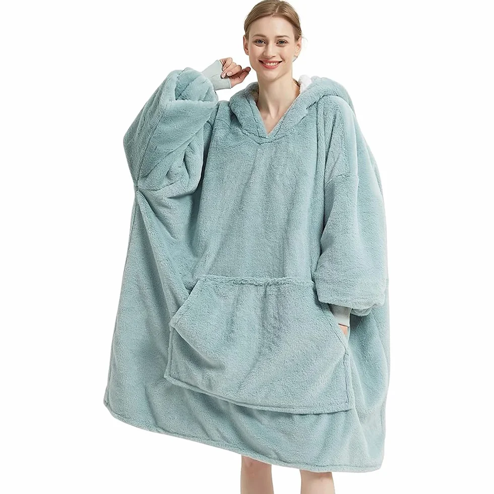 Lanqinglv Koc pod TV z rękawami i kieszenią na stopy, koc z kapturem, oversized, damski / męski sweter z kapturem, puszysty koc na sofę, ciemnoniebieski, koc polarowy Teddy Cashmere Touch
