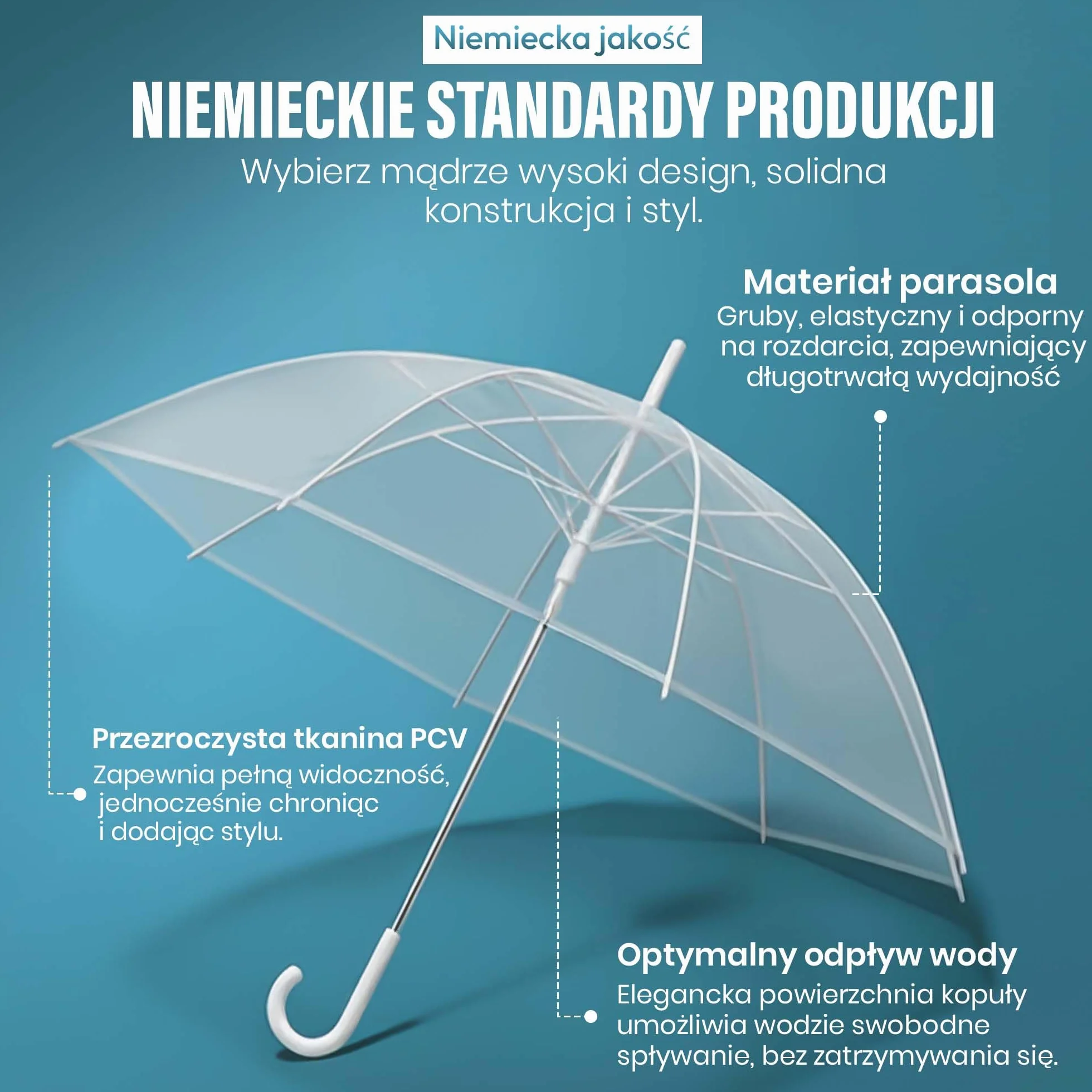 GOODS+GADGETS Parasol przezroczysty, biała laska Ø 100-130 cm; Elegancki parasol w kolorze przezroczystym - modny akcent