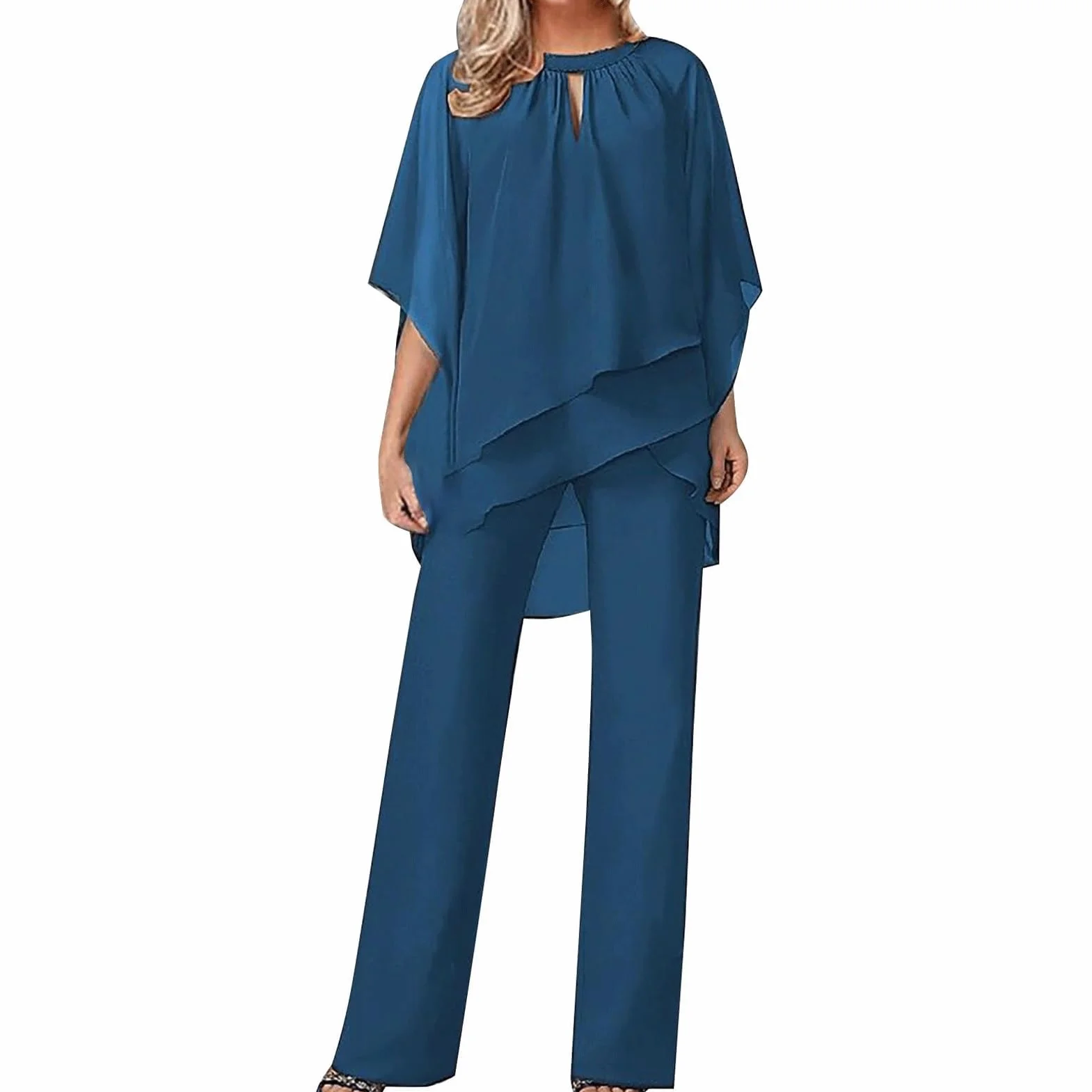 Garnitur ze Spodniami Damski Tiulowy Komplet Wieczorowy Dwuczęściowy Szyfonowa Koszula I Spodnie z Wysokim Stanem Elegancki Vintage 2 Częściowy Zestaw Strój (Color : Navy blue, Size : XL)