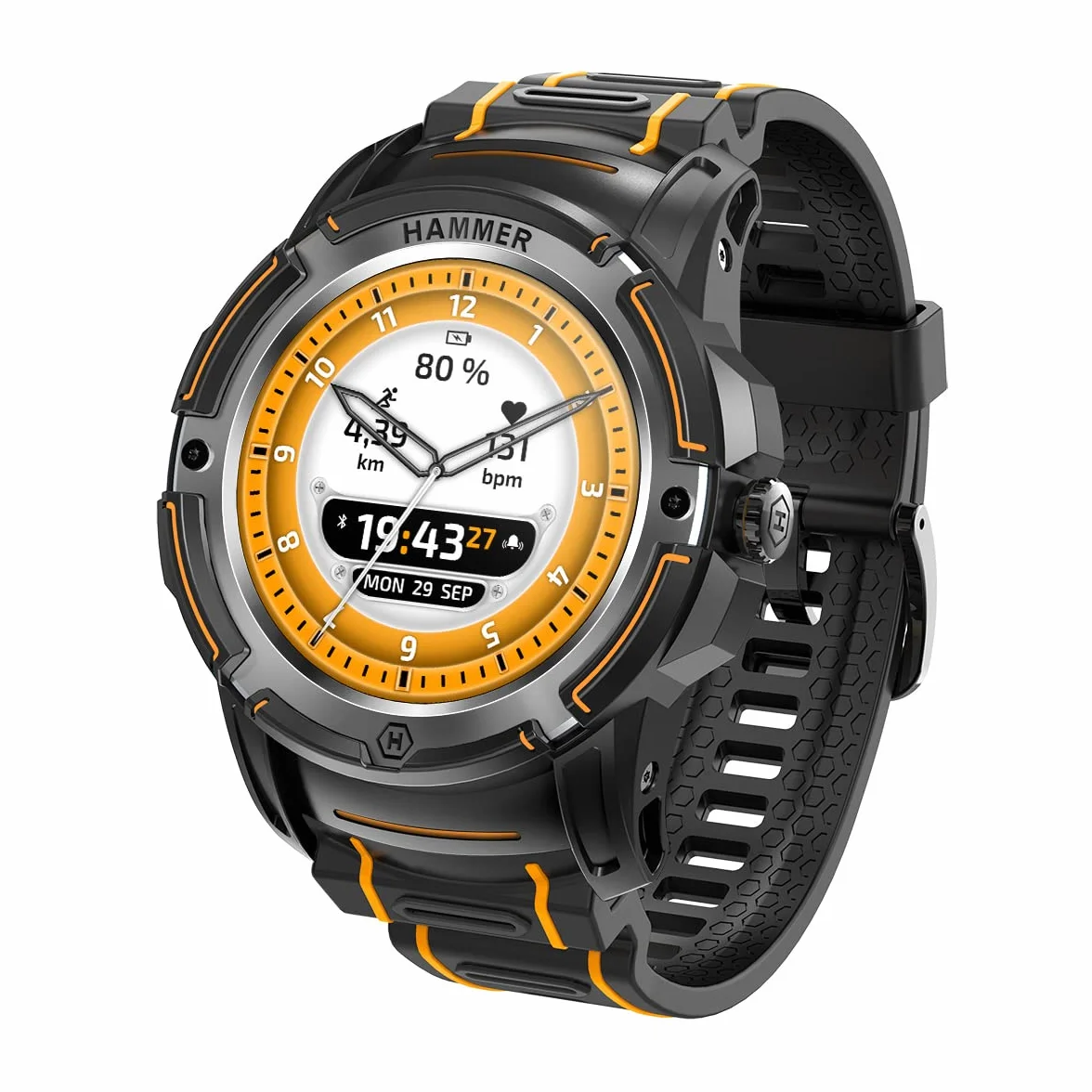 Hammer H Watch Plus Wytrzymały Smartwatch Sportowy Męski Damski 1,3 cala Fitness Czujnik Tętna Pulsykometr GPS Bluetooth Bateria 300mAh Ekran Amoled, L