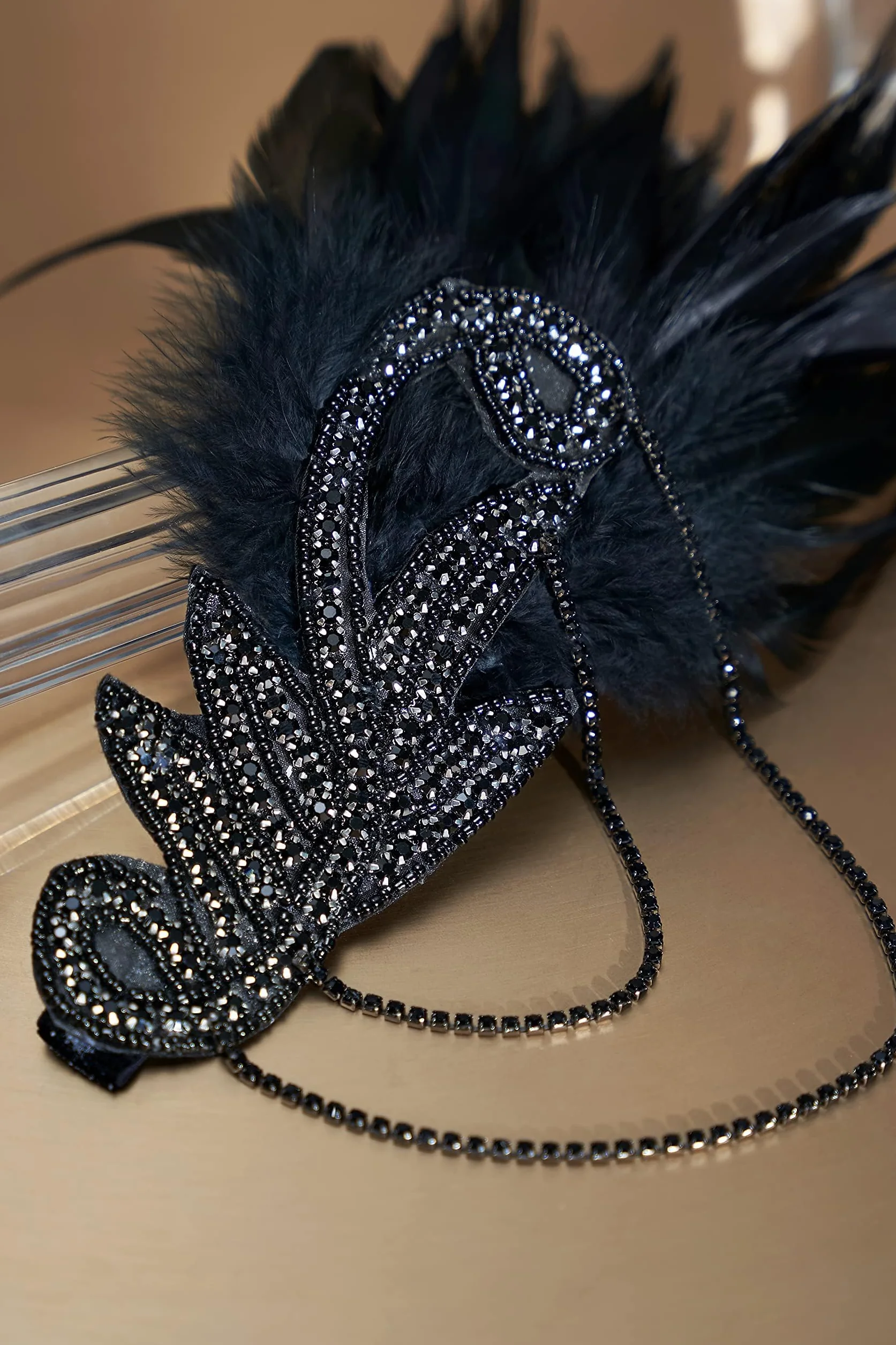 BABEYOND Opaska Gatsby Crystal 1920s Feather Flapper Akcesoria Charleston Vintage Czarna