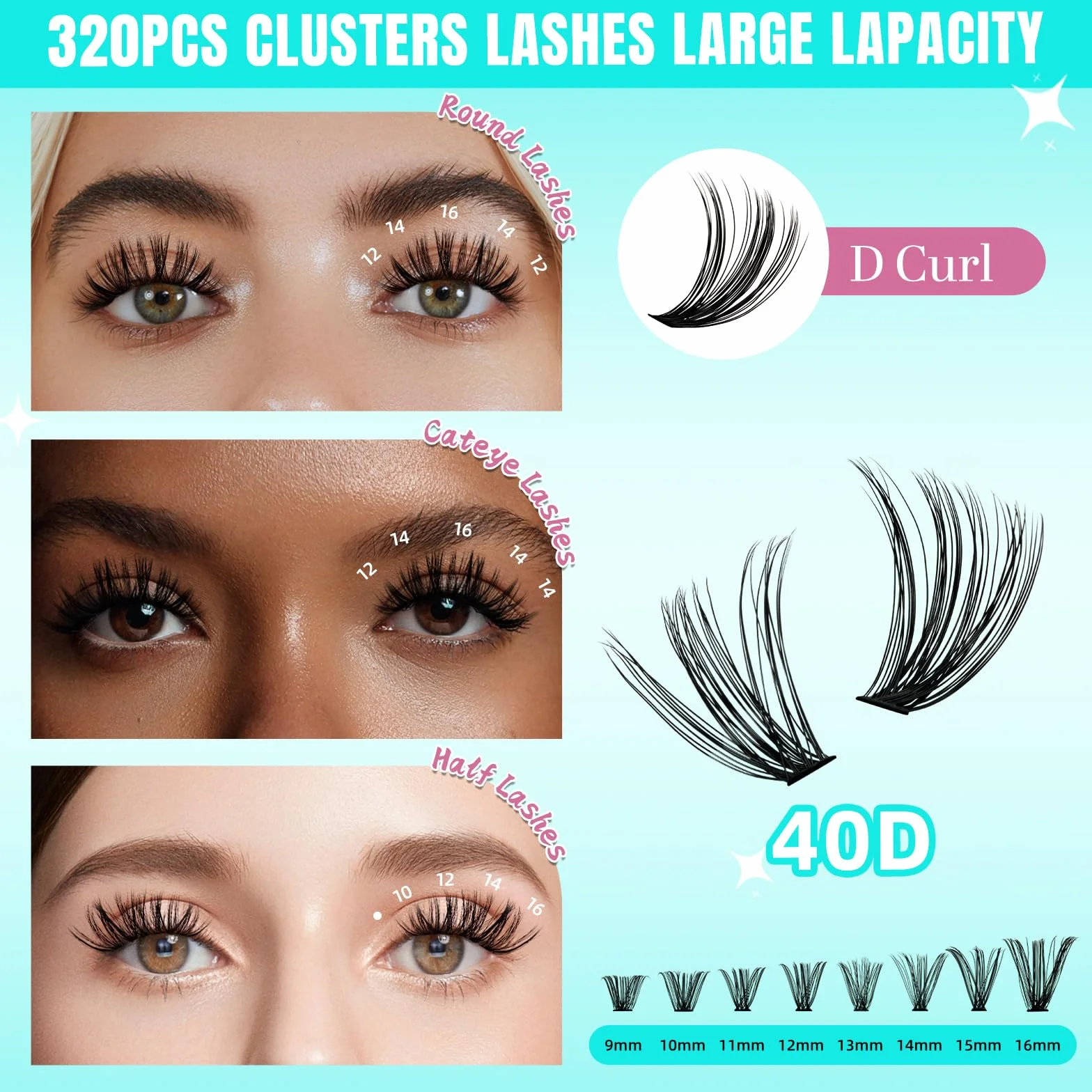 320 szt. przedłużek do rzęs, 320 sztuk, "zrób to sam", Cluster Lashes 40D, indywidualne rzęsy, 5-sekundowe rzęsy w domu (40D, 9-16 miks)