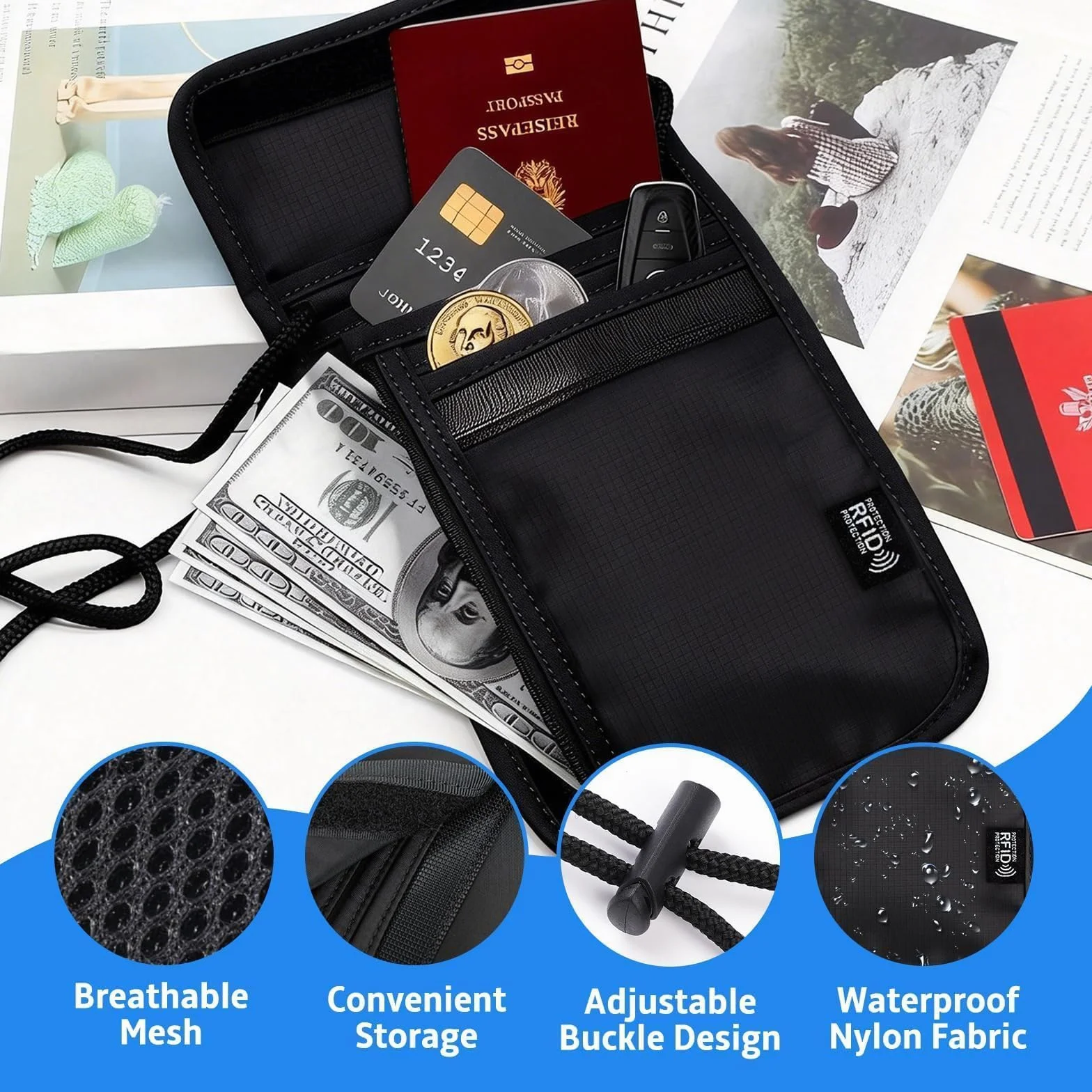 Etui na dokumenty podróżne, z blokadą RFID, na paszport, dokumenty i gotówkę (czarna)