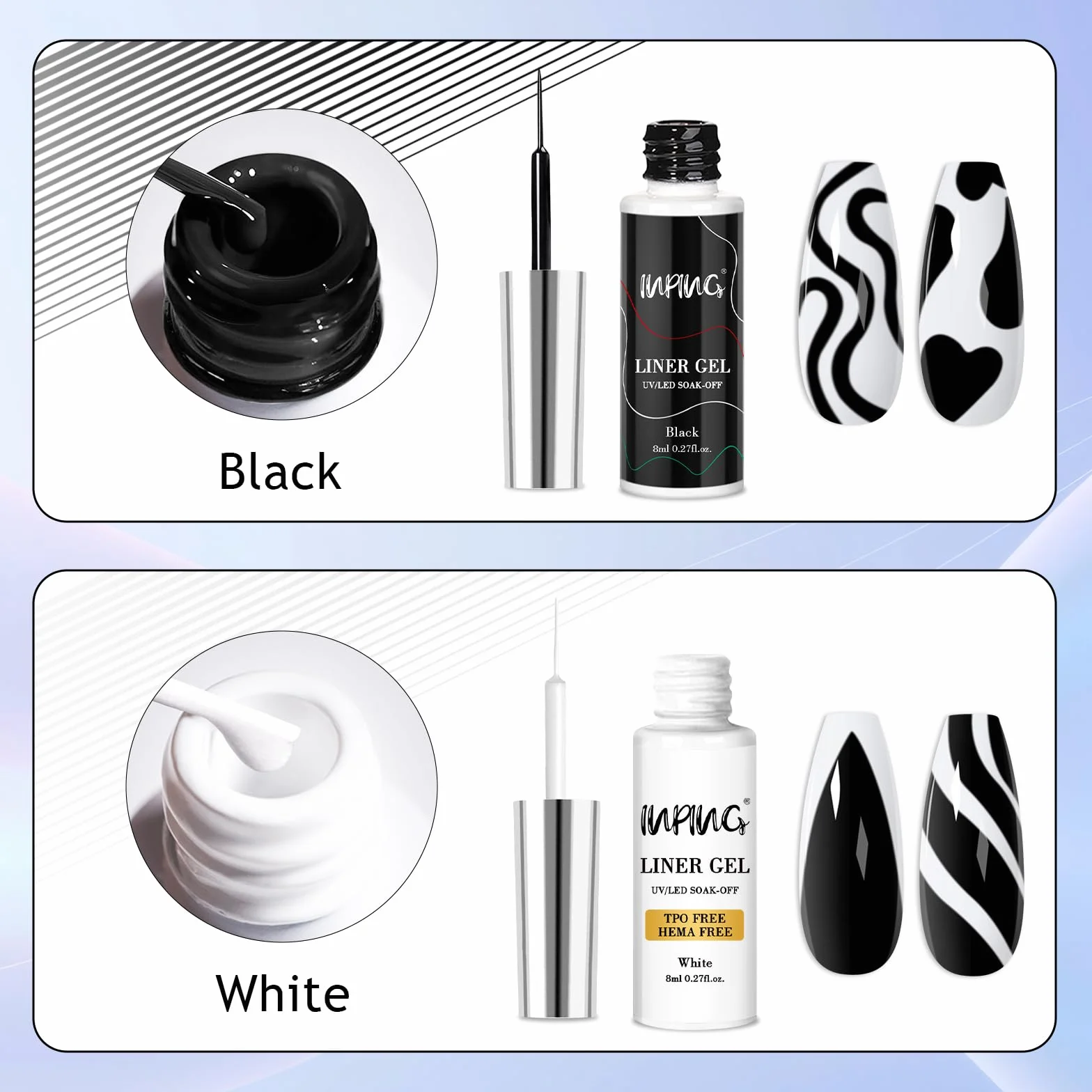 INPING 2 szt. Liner Gel Nail Art, TPO-FREE HEMA-FREE, 2 kolory biały i czarny liniowy lakier półtrwały, lakier żelowy UV, lakier do paznokci, francuski manicure dla początkujących, 8 ml