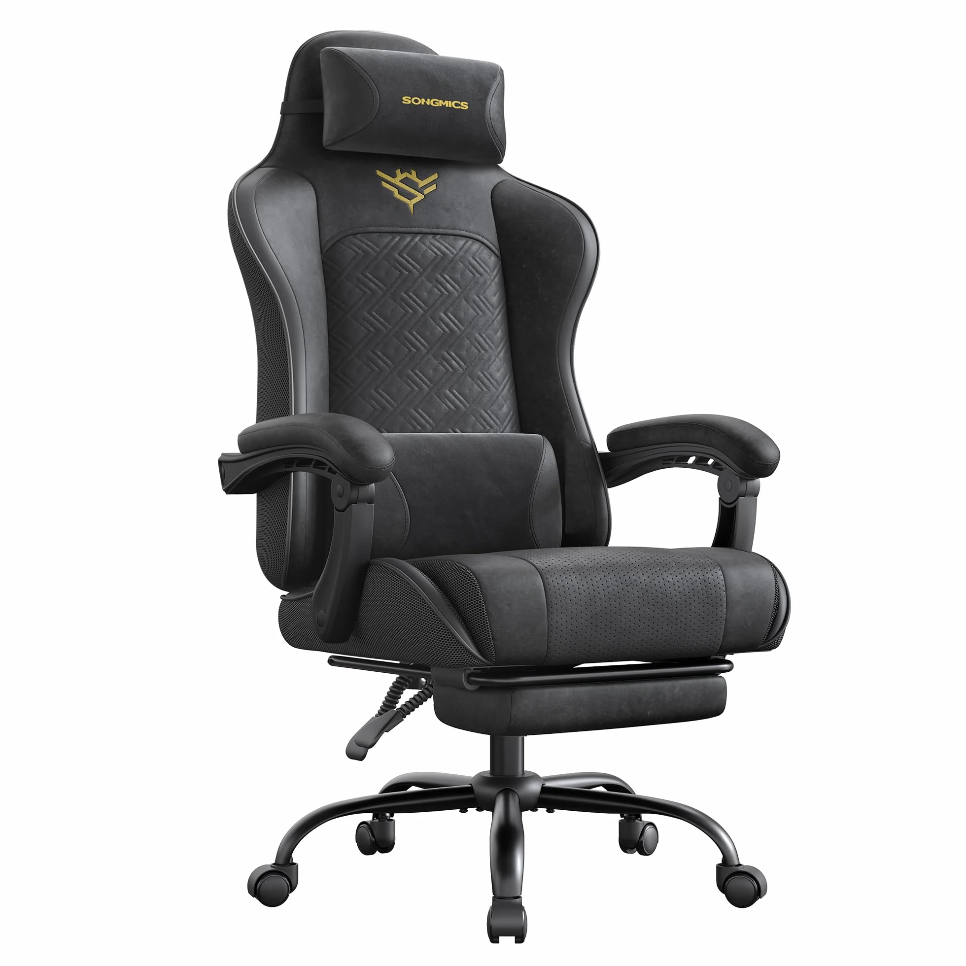 SONGMICS Krzesło do gier, krzesło biurowe, ergonomiczne, fotel gamingowy, poduszka sprężynowa, podnóżek, podłokietniki z mechanizmem synchronicznym, tusz czarny OBG079B01