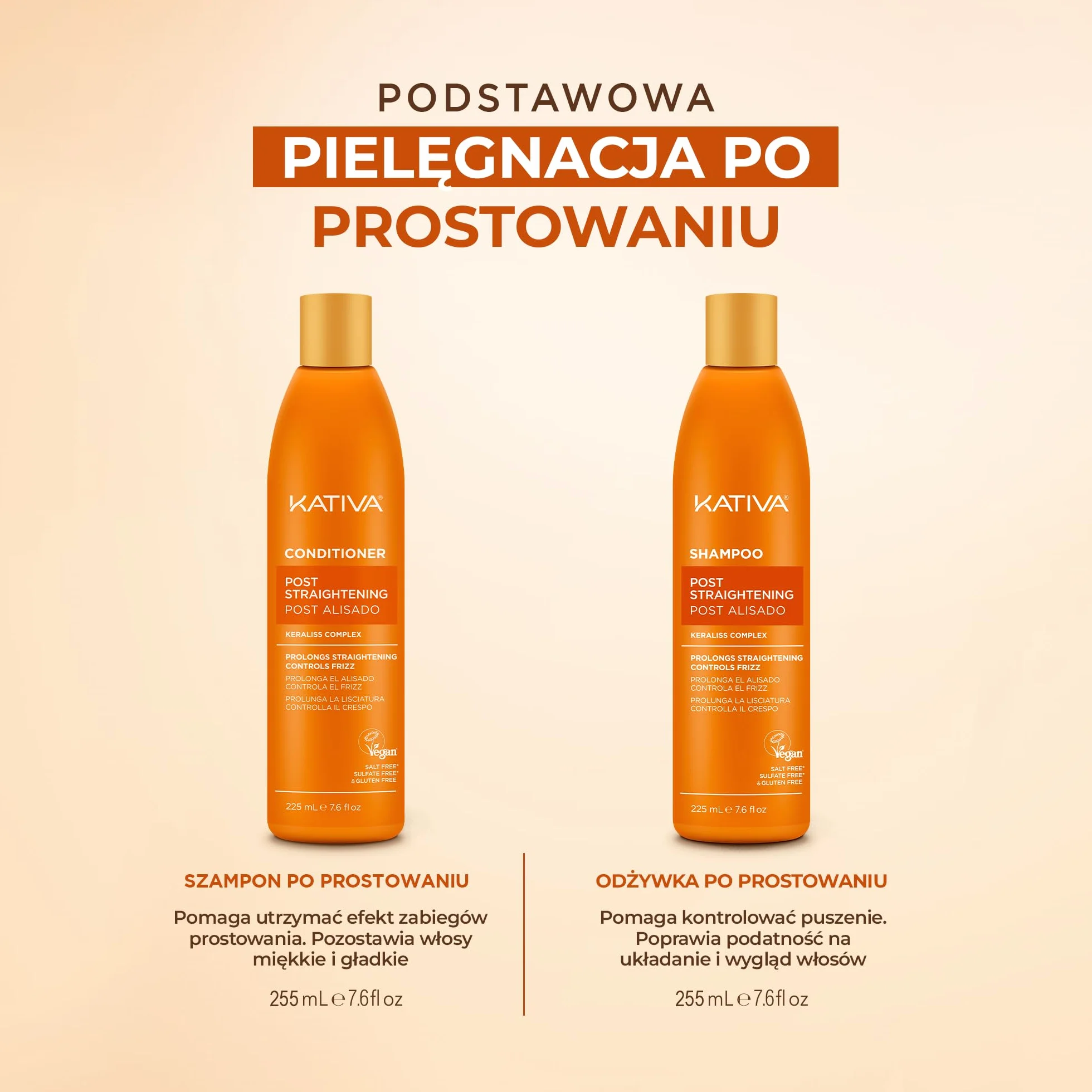 KATIVA Brazylijski środek wygładzający szampon i odżywka zestaw 2 szt. 225 ml z keratyną i kwasem hialuronowym