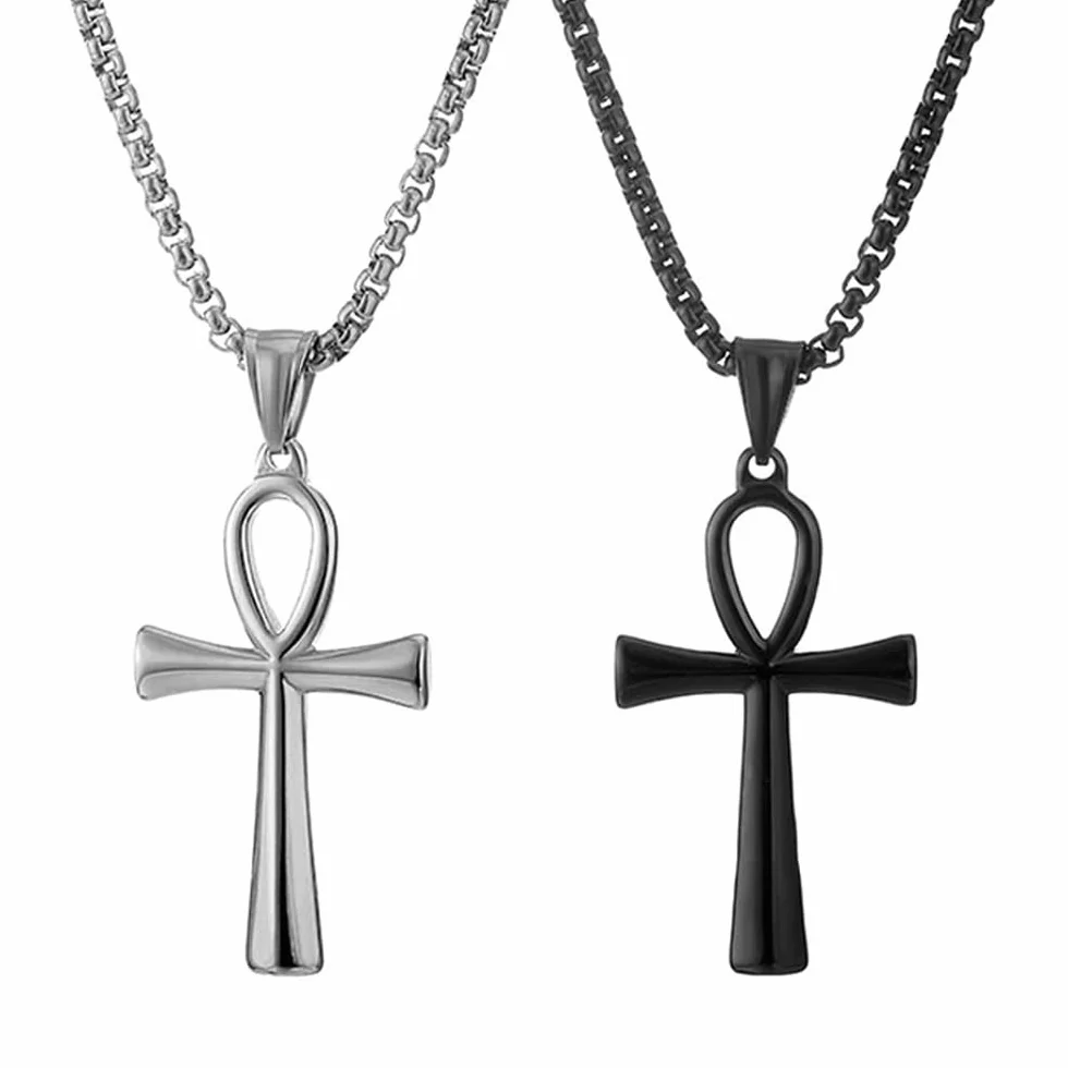 JKJF 2 szt. Egipski krzyż Ankh naszyjnik ze stali nierdzewnej Ankh wisiorek łańcuszek vintage koptyjski krzyż religijny naszyjnik gotycki hip-hopowy punk dla mężczyzn i chłopców srebrny czarny