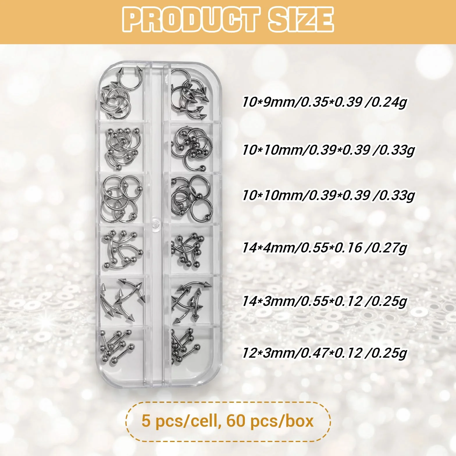60 sztuk kolczyków do paznokci, 3D, stop srebra, gotycki, punk, dekoracja, srebrne, szare, stożkowe, kolce, metalowe pierścienie, stop, nity, biżuteria dla kobiet, gotyckie