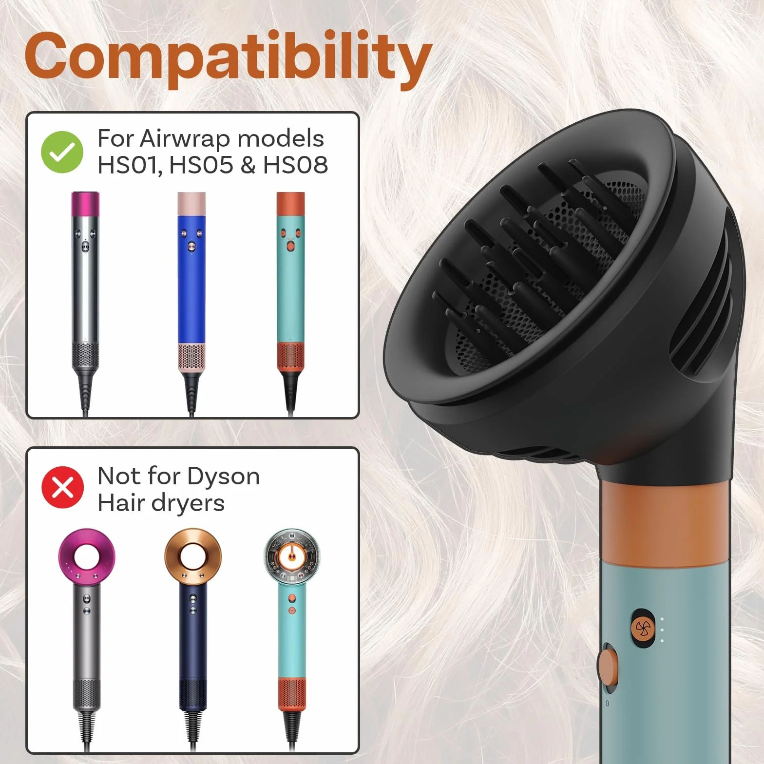 Wave Curl Dyfuzor do Dyson Airwrap by MMOBIEL – Kompatybilny Dyfuzor HS01 HS05 HS08 – Podwójny Przepływ Powietrza i Tryby Dyfuzji dla Zdefiniowanych Loków, Objętości i Fal – Szary