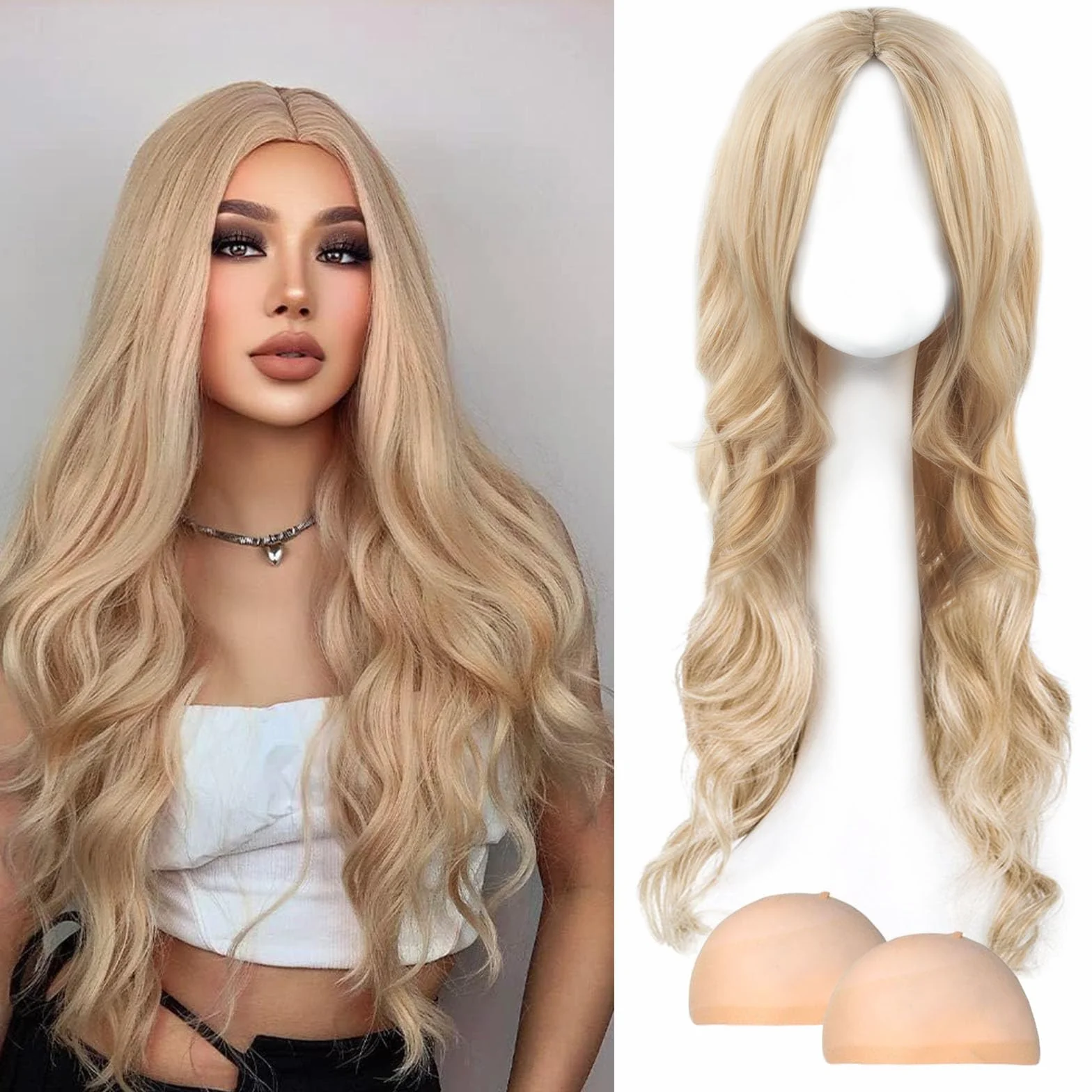 AYNKH Złota Fala Długa Peruka, Kędzierzawy 69 cm Fantazyjna Sukienka Glamour Pełna Fala Włosy Alternatywne Do Kostium Cosplay i Impreza