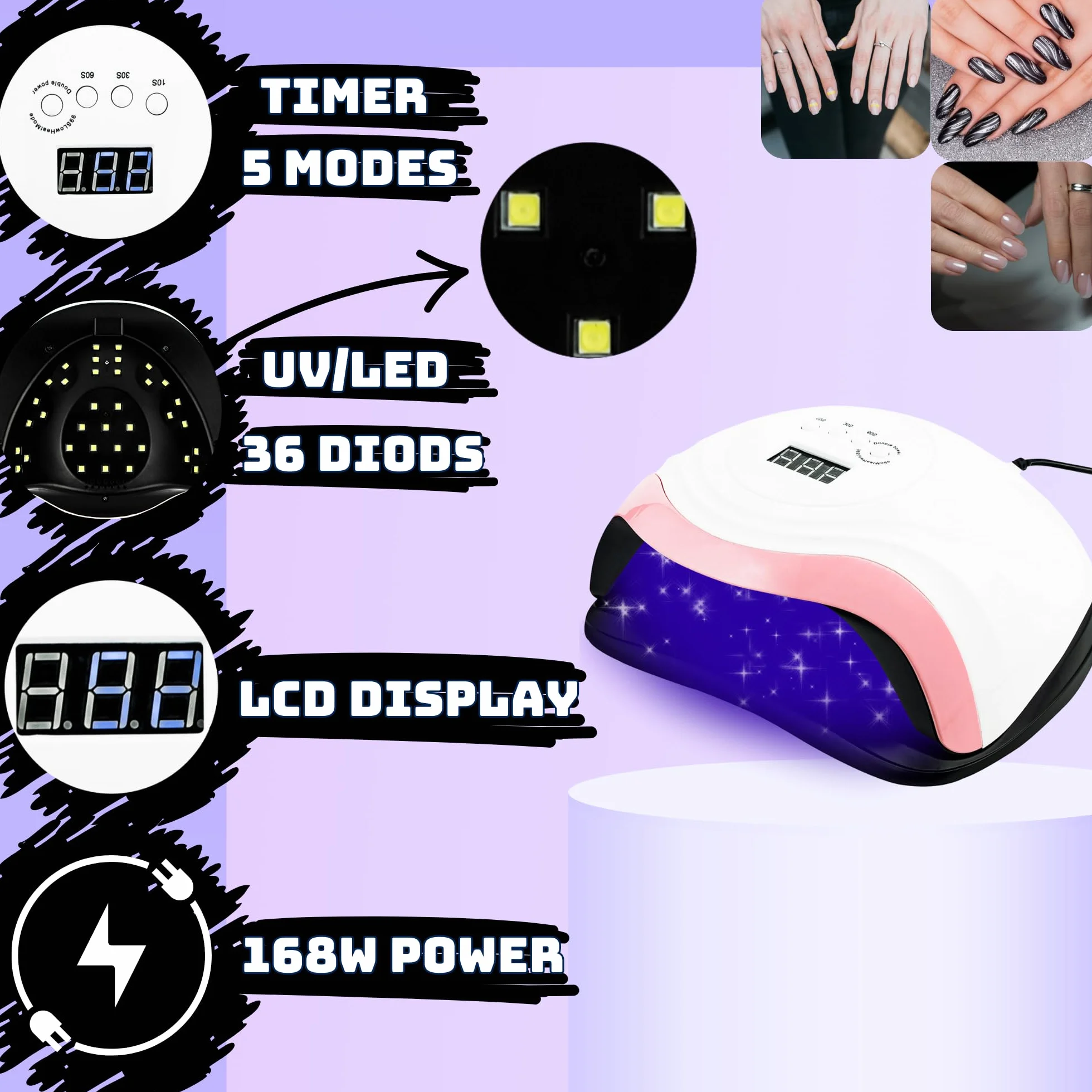 Lampa do paznokci żelowych 168W z timerem i czujnikiem LCD