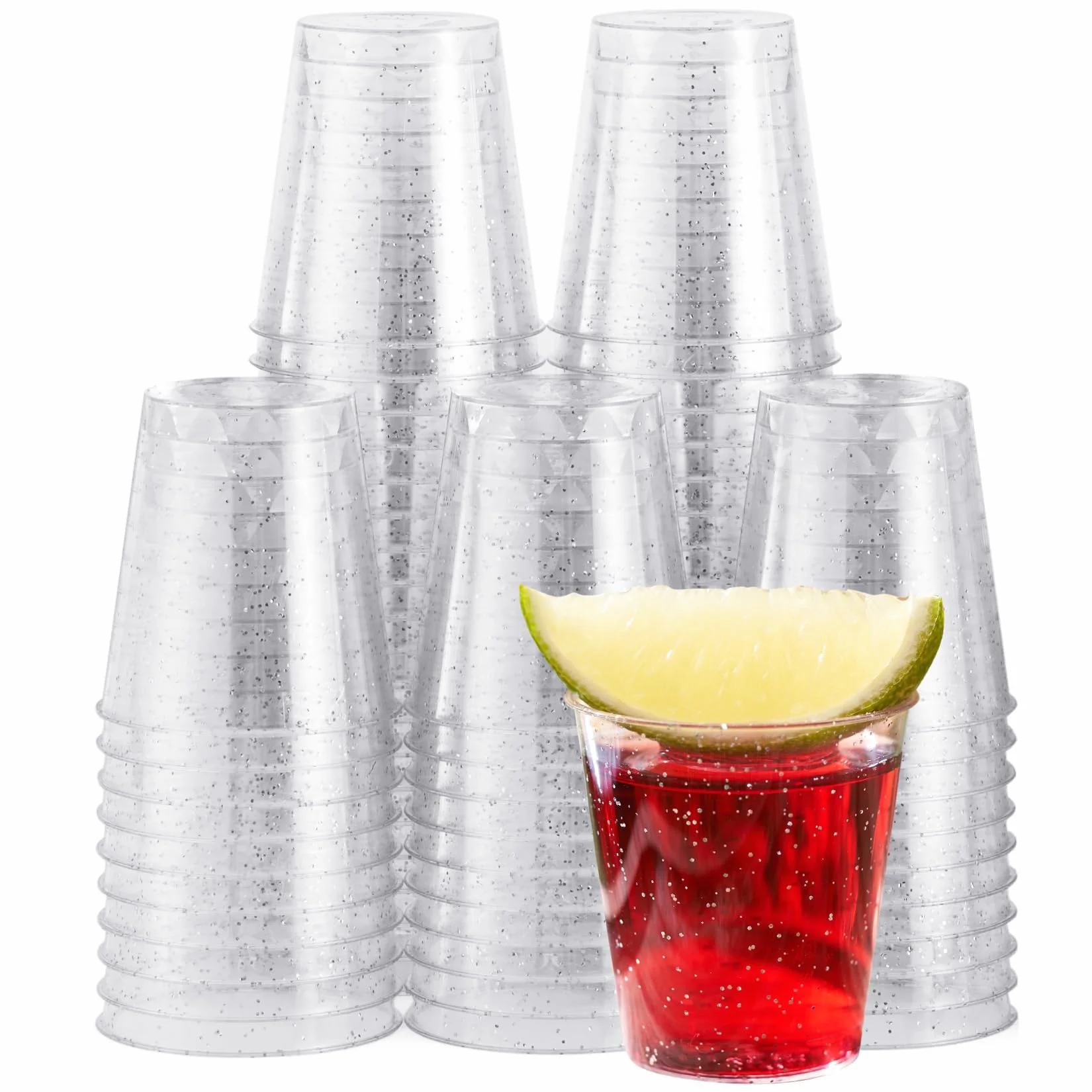 MATANA 60 kieliszków do wódki z plastiku z srebrnym brokatem, 30 ml - kieliszki plastikowe, kubeczki na szoty, kubeczki do szotów, kieliszki do wódki, plastikowe kubki - akcesoria imprezowe - stabilne
