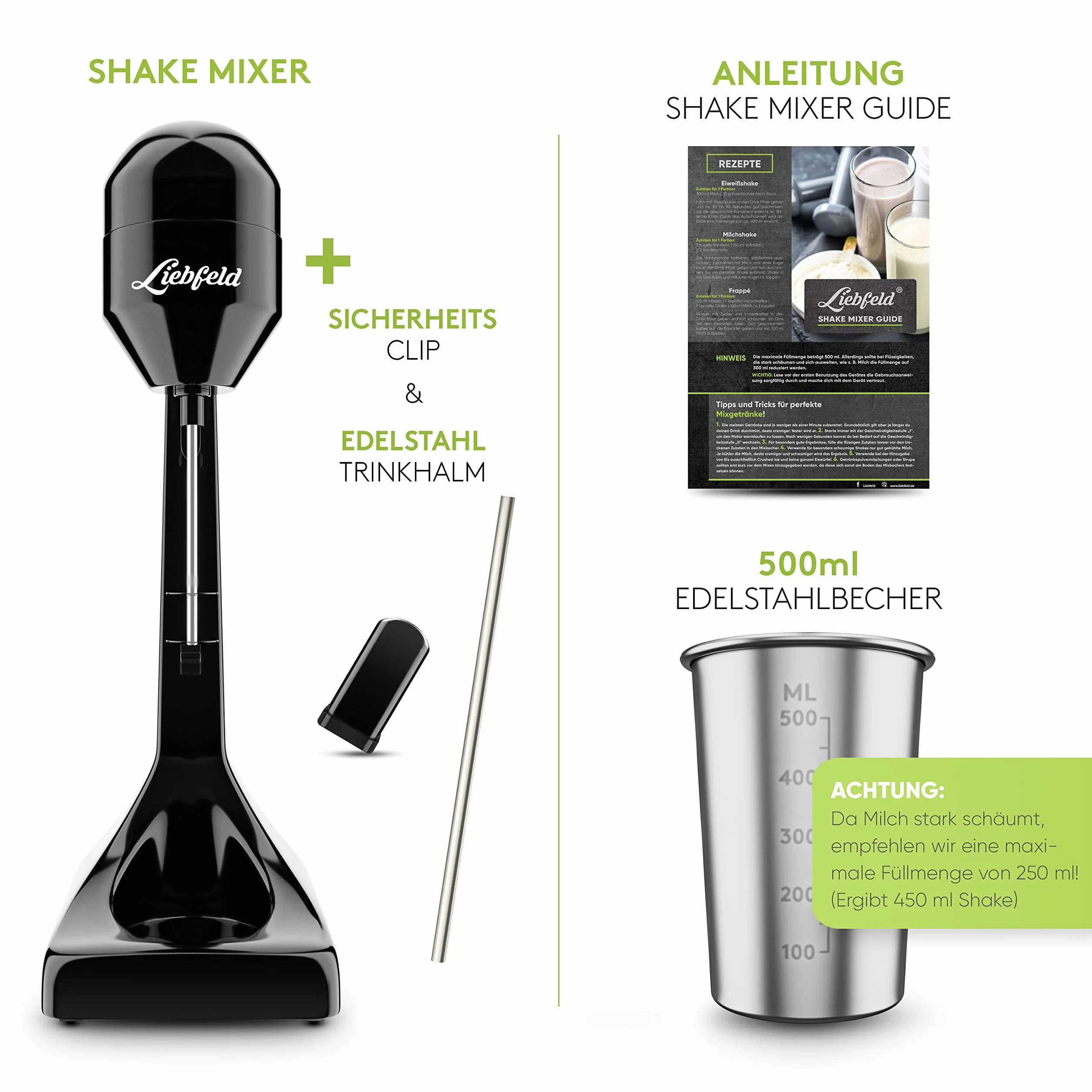 Liebfeld Elektryczny shaker proteinowy – blender ręczny z kubkiem ze stali nierdzewnej o pojemności 500 ml – shake proteinowy i koktajl mleczny, fitness, białko, frappe blender