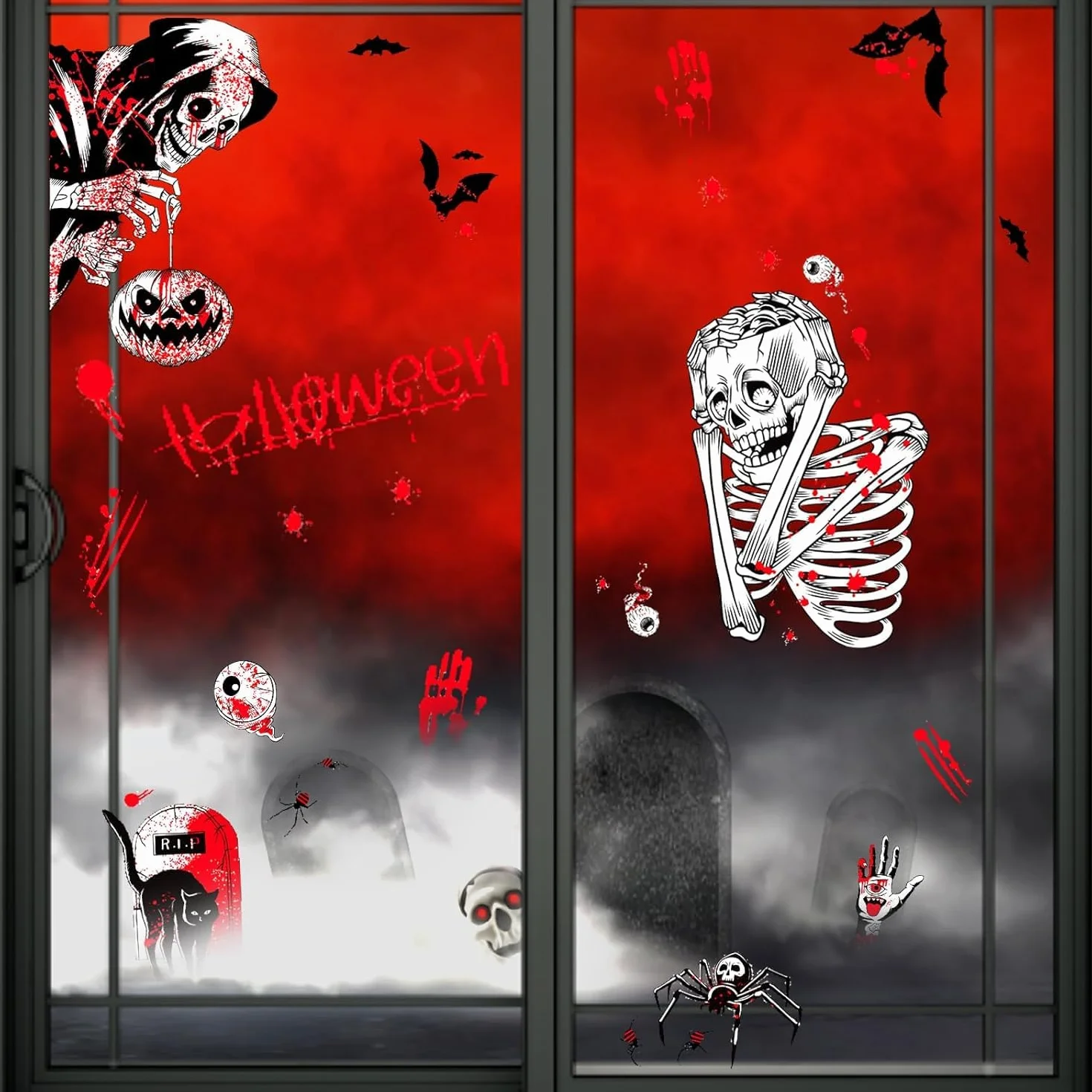 Dekoracje na Halloween – naklejki na okna, naklejki na szkielet czaszki, wielokrotnego użytku naklejki okienne do dekoracji wnętrz i na zewnątrz
