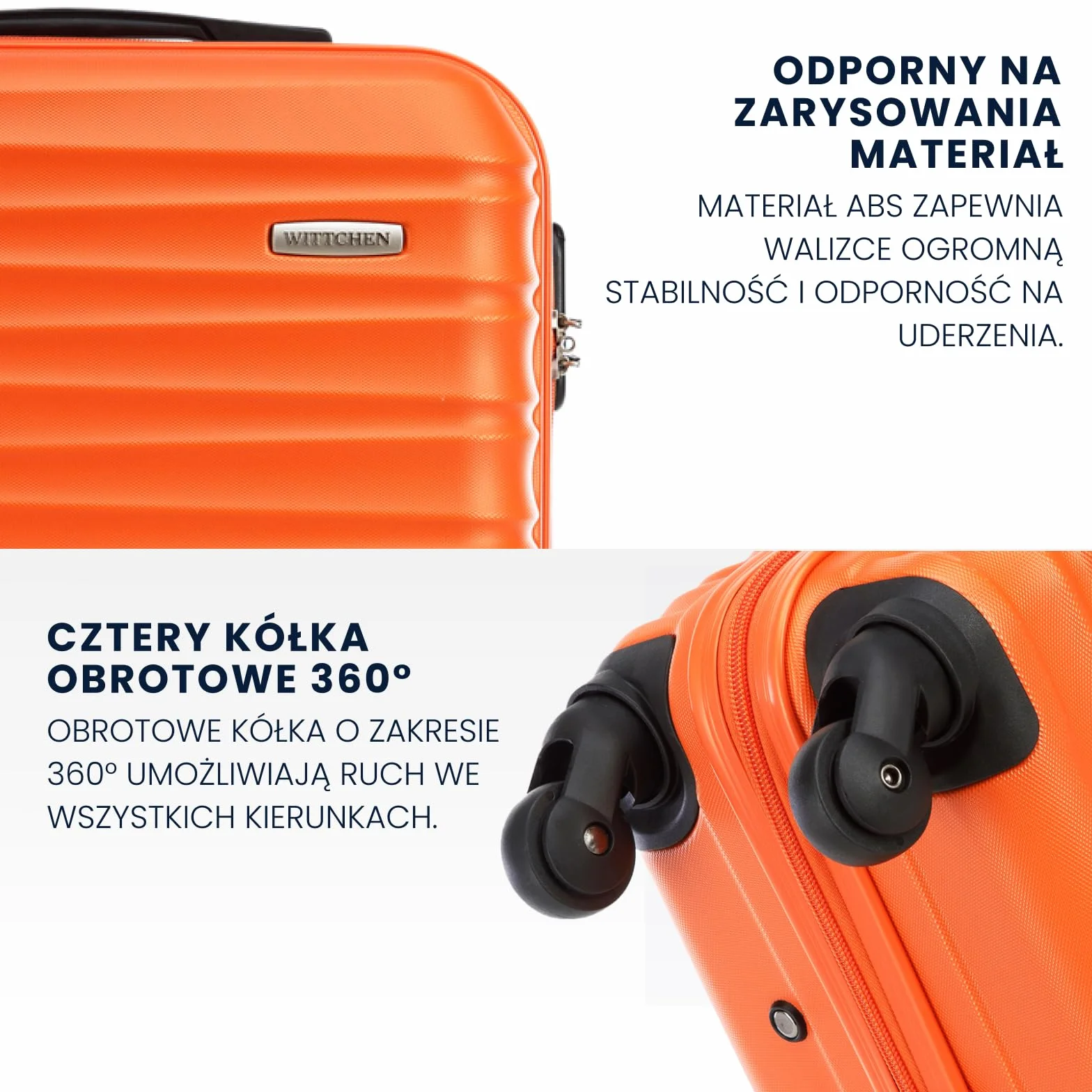 WITTCHEN GROOVE Line Średnia walizka Lekki bagaż Walizka podróżna Twardy bagaż ABS Zamek szyfrowy Teleskopowa rączka 4 obrotowe kółka Rozmiar M Pomarańczowy