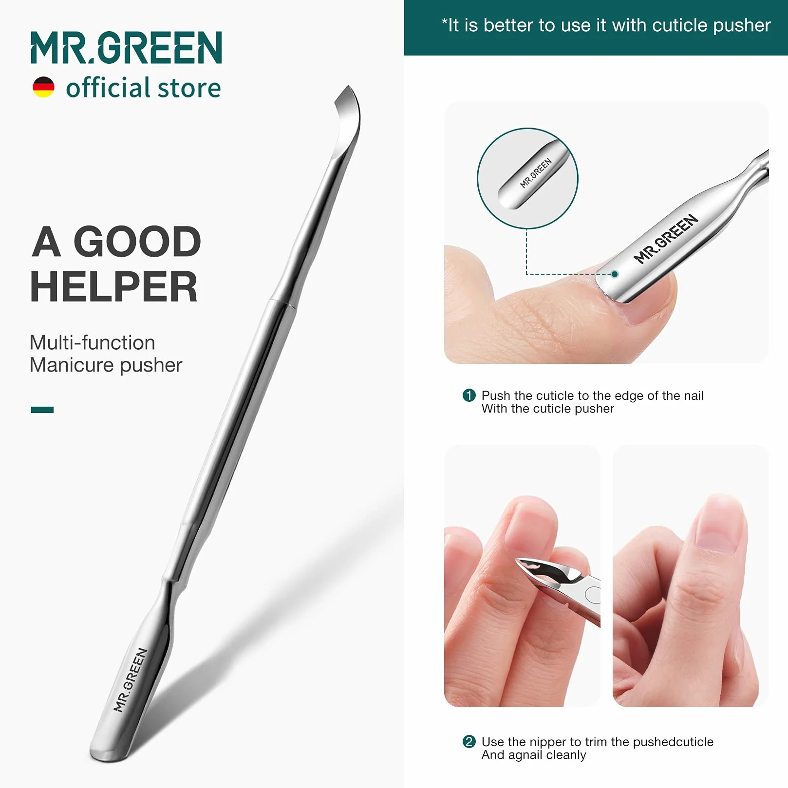 MR.GREEN Cążki do skórek, nożyczki do manicure, obcinacz do skórek, trymer, usuwanie martwego naskórka, frezy ze stali nierdzewnej, narzędzie kosmetyczne z popychaczem (Mr-1028+Pusher)