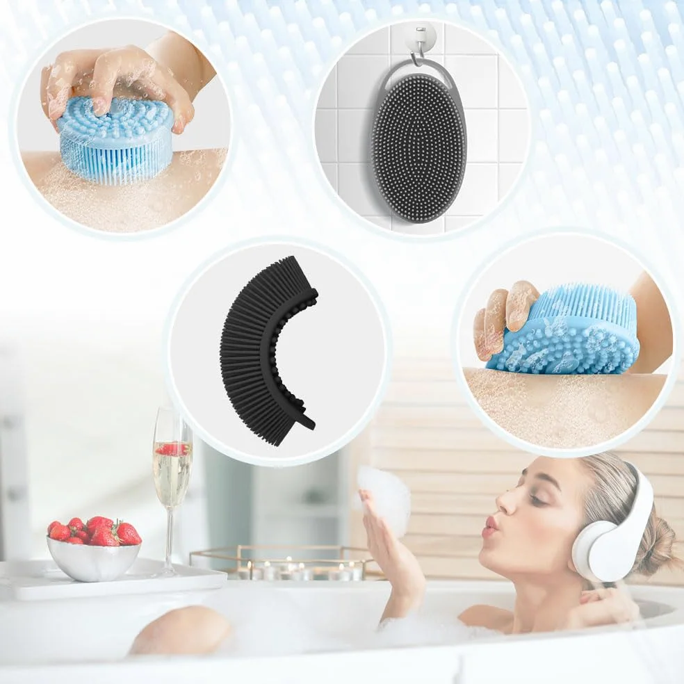 Silikonowa szczotka do ciała Loofah złuszczająca szczotka do ciała, zestaw 3 miękkich szorowarek do ciała, ulepszona myjka do ciała pod prysznic, głęboka piana, łatwa do czyszczenia, odpowiednia dla