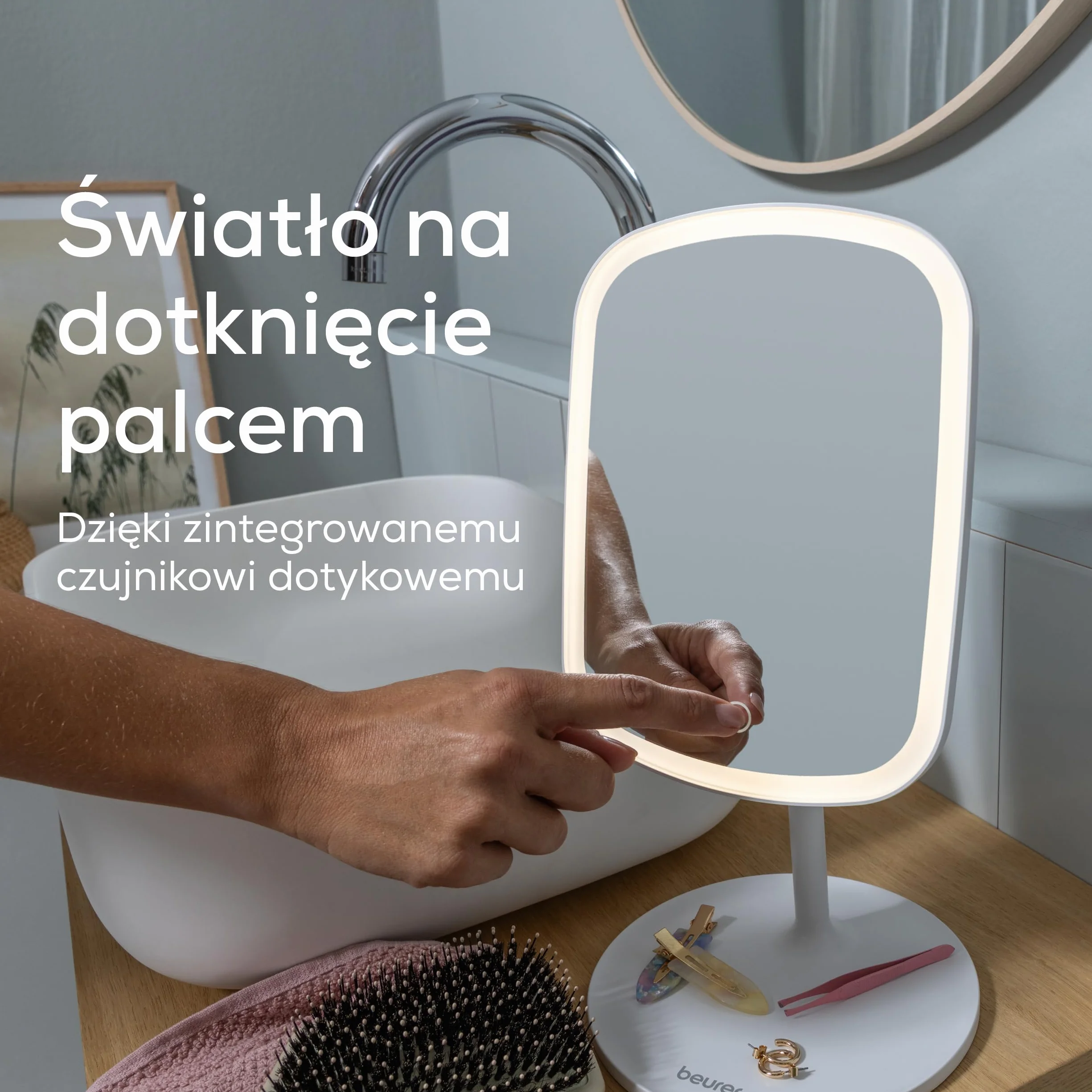 Beurer BS 47 Lusterko kosmetyczne, lusterko do makijażu z oświetleniem w 3 kolorach, z uchwytem magnetycznym, obracane o 360°, zdejmowana powierzchnia lusterka, praktyczne lusterko łazienkowe z półką