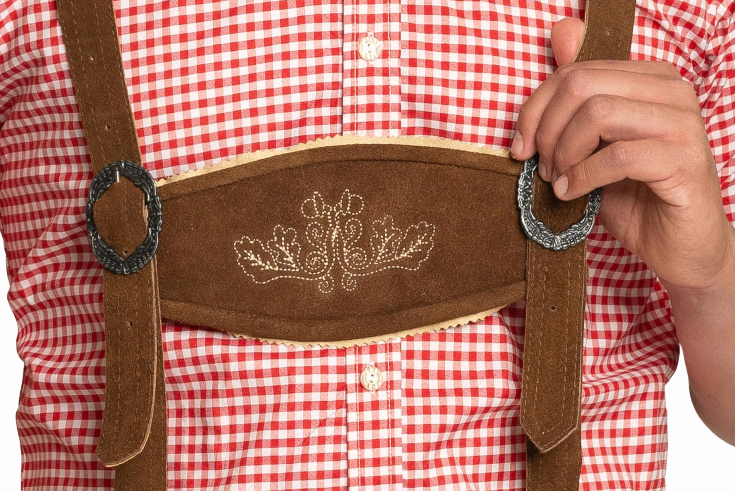 Tannhauser Krótkie skórzane spodnie Flachau z szelkami 100% skóra bydlęca ciemnobrązowe prawdziwe skórzane spodnie męskie na Oktoberfest - rozmiar XS do 5XL