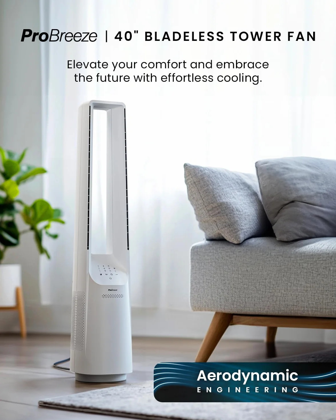 Pro Breeze Bezłopatkowy wentylator kolumnowy – cichy model wieżowy 101 cm, 6 prędkości, oscylacja 60°, chłodzenie powietrza – Biały