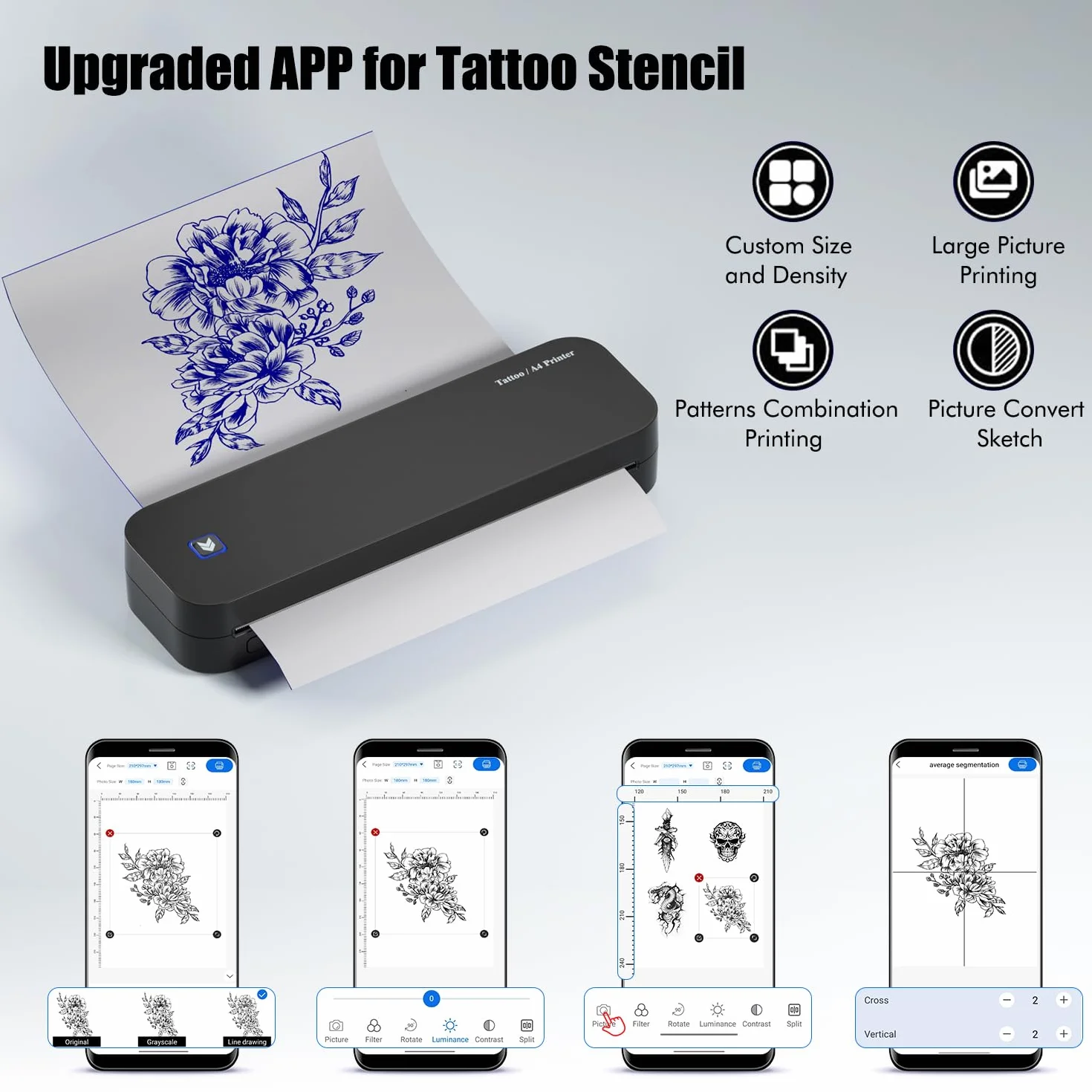 TATELF Drukarka szablonowa Bluetooth A4 Drukarka termiczna Tattoo 2600 mAh 20 arkuszy papieru transferowego do telefonów i komputerów z systemem Android i iOS