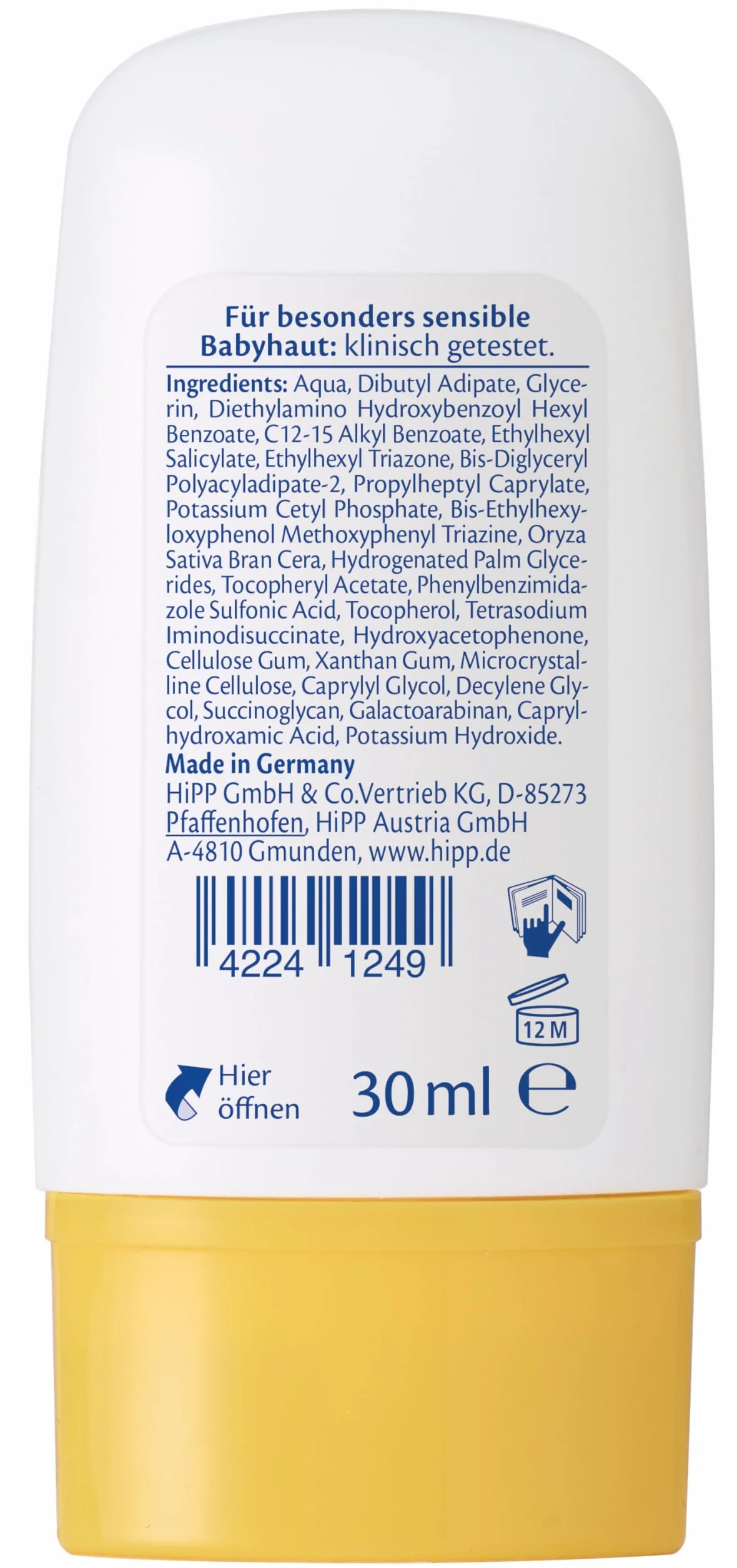 HiPP Babysanft Sonnen krem do twarzy LSF (SPF) 50+, bez perfum i wodoodporny, idealny do wrażliwej skóry niemowląt i dzieci, 30 ml