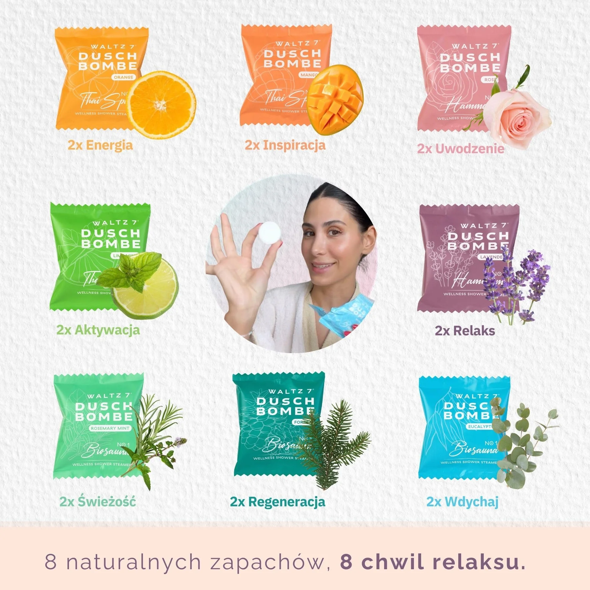 WALTZ7 Oryginalny zestaw kul prysznicowych, 16 sztuk z 8 zapachami, Aromaterapia z naturalnymi olejkami eterycznymi, Prezent-podziękwoanie dla kobiet, Mamy, Prezent urodzinowy dla mężczyzny