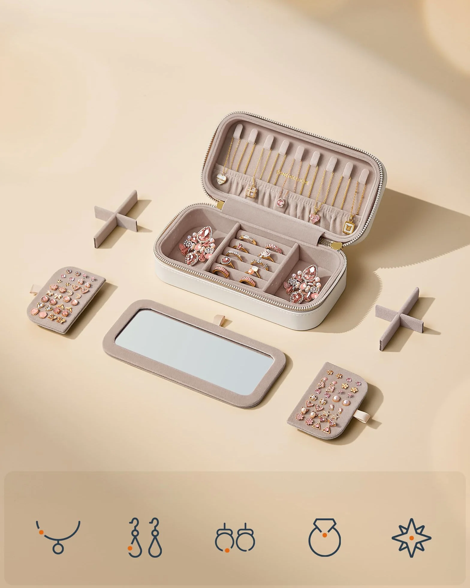 SONGMICS HOME Kolekcja ANAH – podróżna szkatułka na biżuterię, mała szkatułka na biżuterię, do przechowywania biżuterii z lusterkiem, 10,5 x 20,5 x 6 cm, zapięcie na suwak