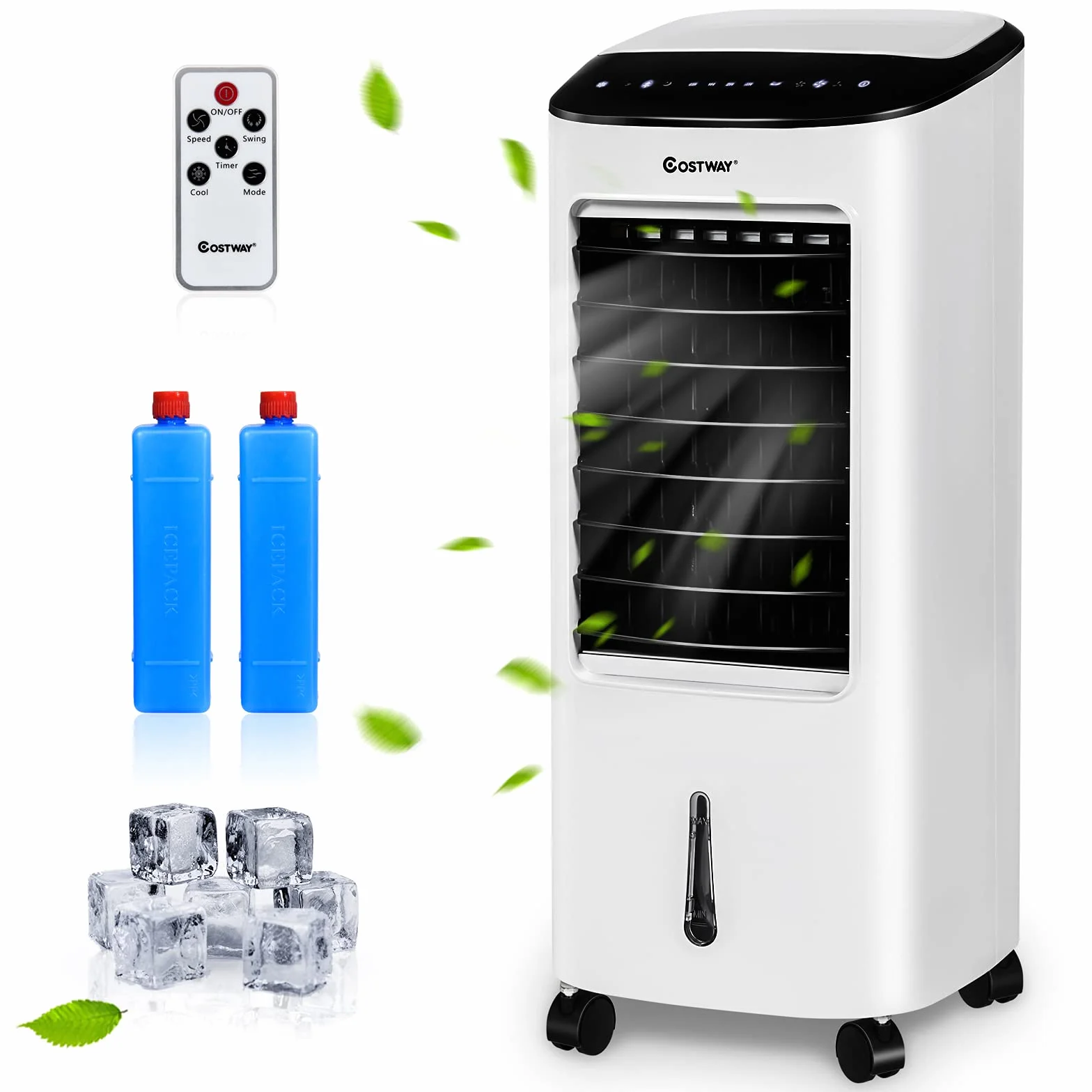 COSTWAY Przenośny klimatyzator 3 w 1, wentylator chłodzący, oczyszczacz powietrza, nawilżacz powietrza, 65 W, zbiornik 7 l, timer 7,5 h, pilot zdalnego sterowania, 2 akumulatory chłodzące, 3 stopnie