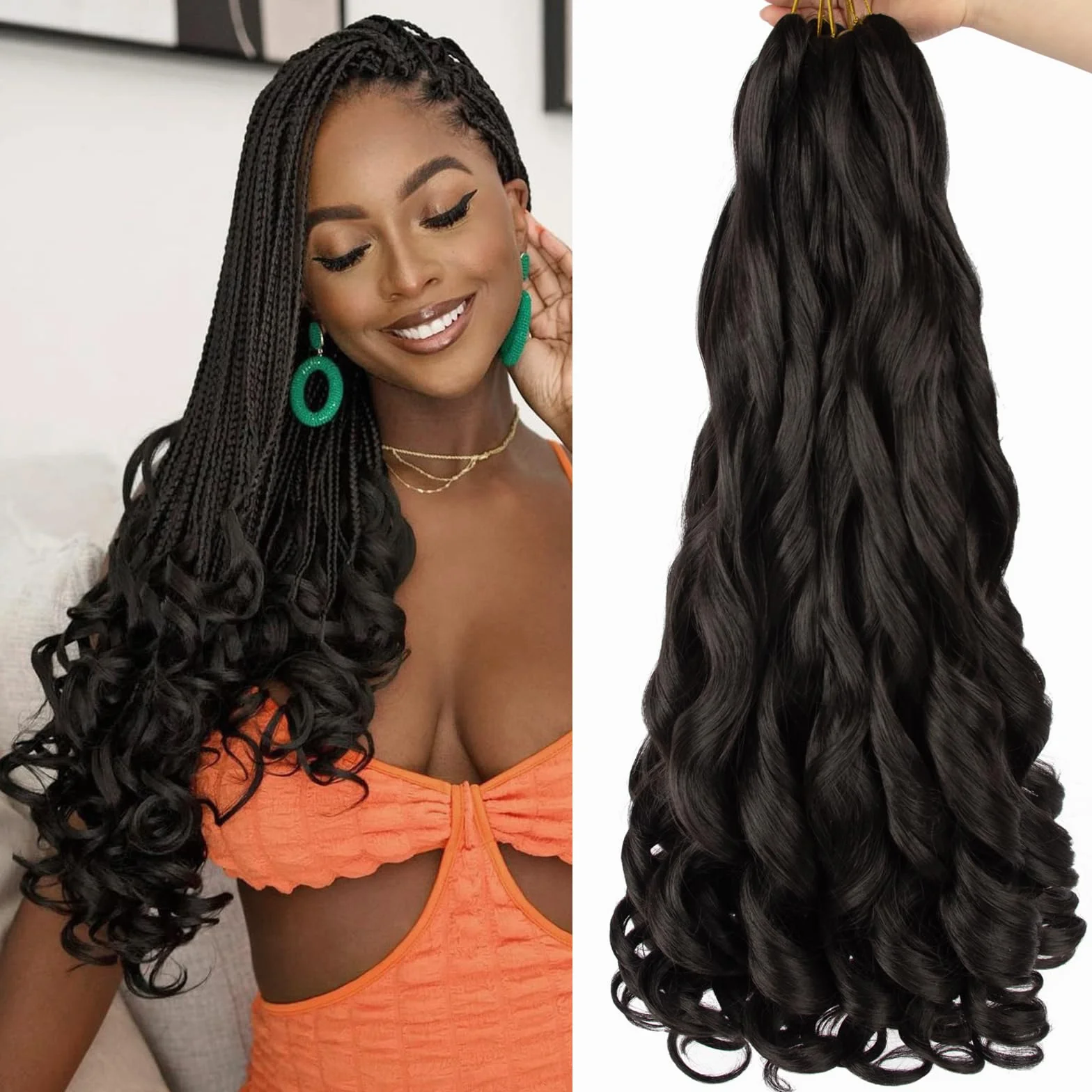 Francuskie Curly Hair 24 cale Pre Stretched Bouncy Braiding 8 Pack, Curly Ends French Curl Braids Crochet Hair Extensions (1B)