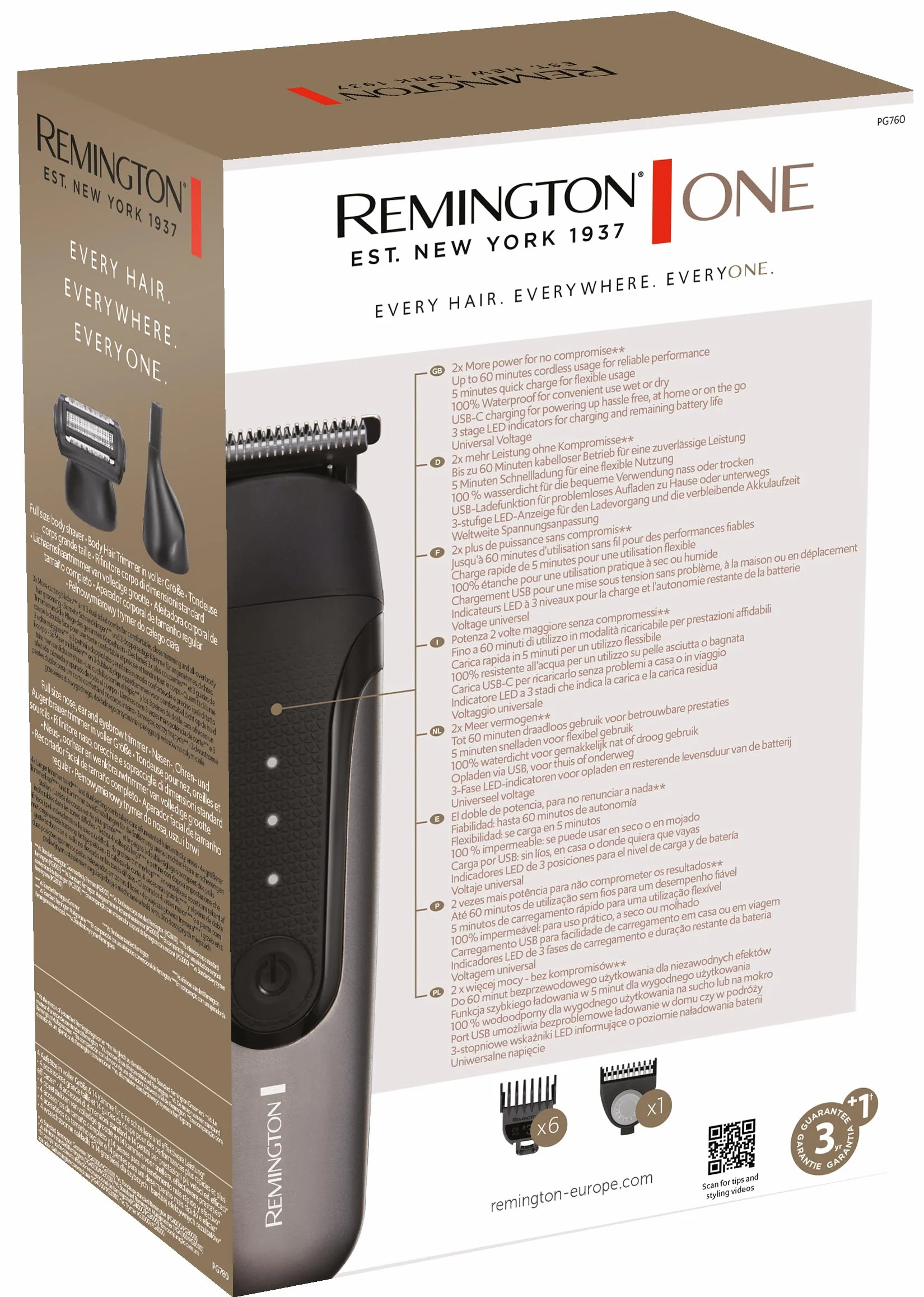 Remington ONE Head&Body Multigroomer PG760 trymer wielofunkcyjny wodoodporny litowy 10 końcówek