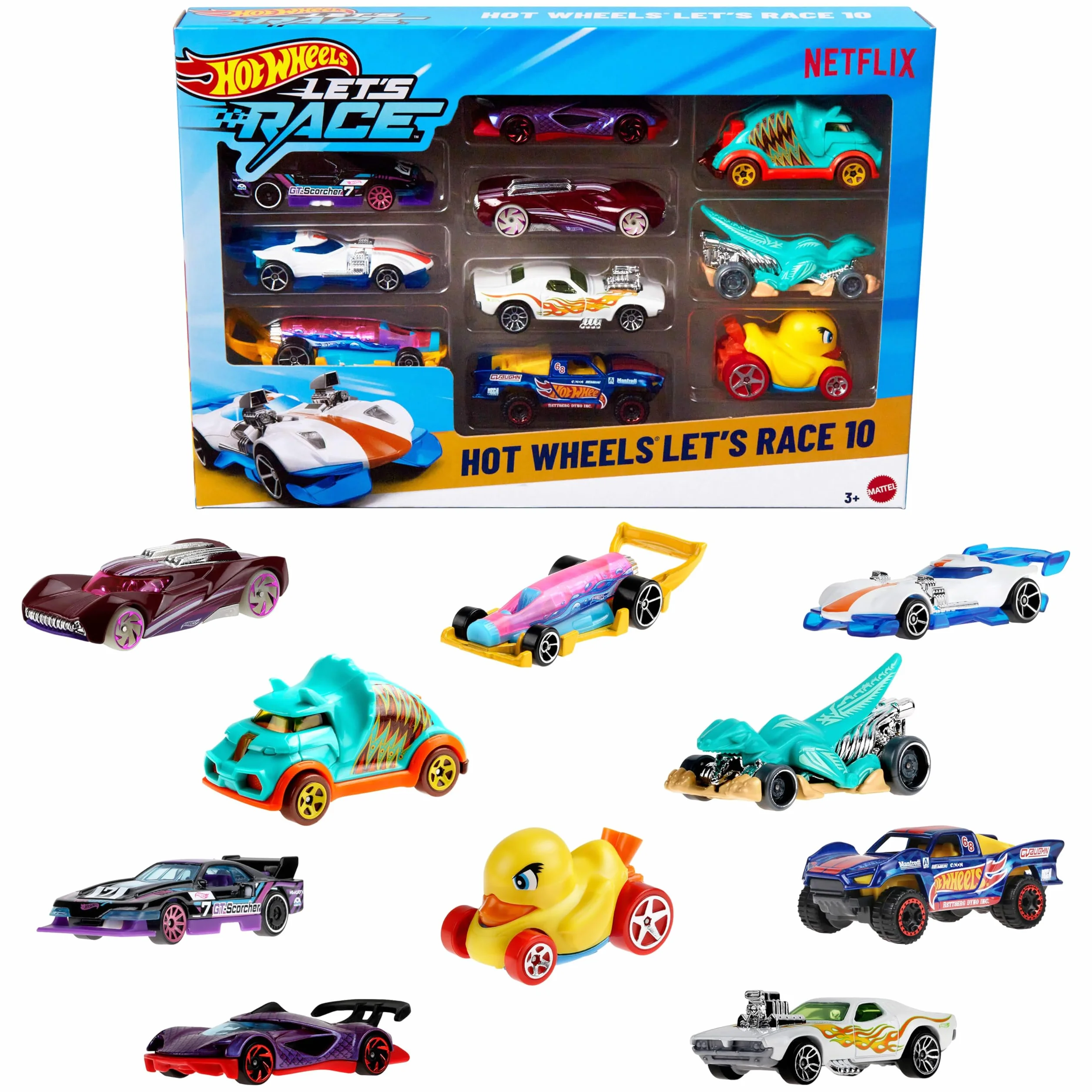 Hot Wheels Let’s Race – Na start! Zestaw 10 samochodzików w skali 1:64 z animowanego serialu Netflixa, do zabawy i kolekcjonowania (zawartość zestawów może się różnić), JGN40