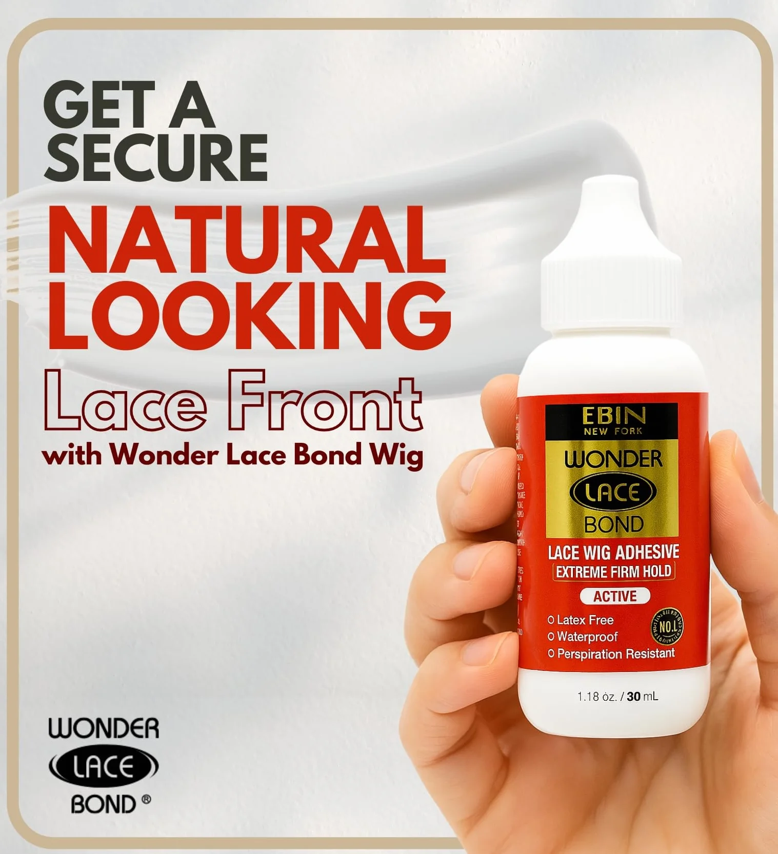 EBIN NEW YORK Wonder Lace Bond Extreme Firm Hold 33,5 g, bez pozostałości, ulepszona formuła, łatwa w aplikacji, szybkoschnąca, wodoodporna, bez lateksu, odporna na pot