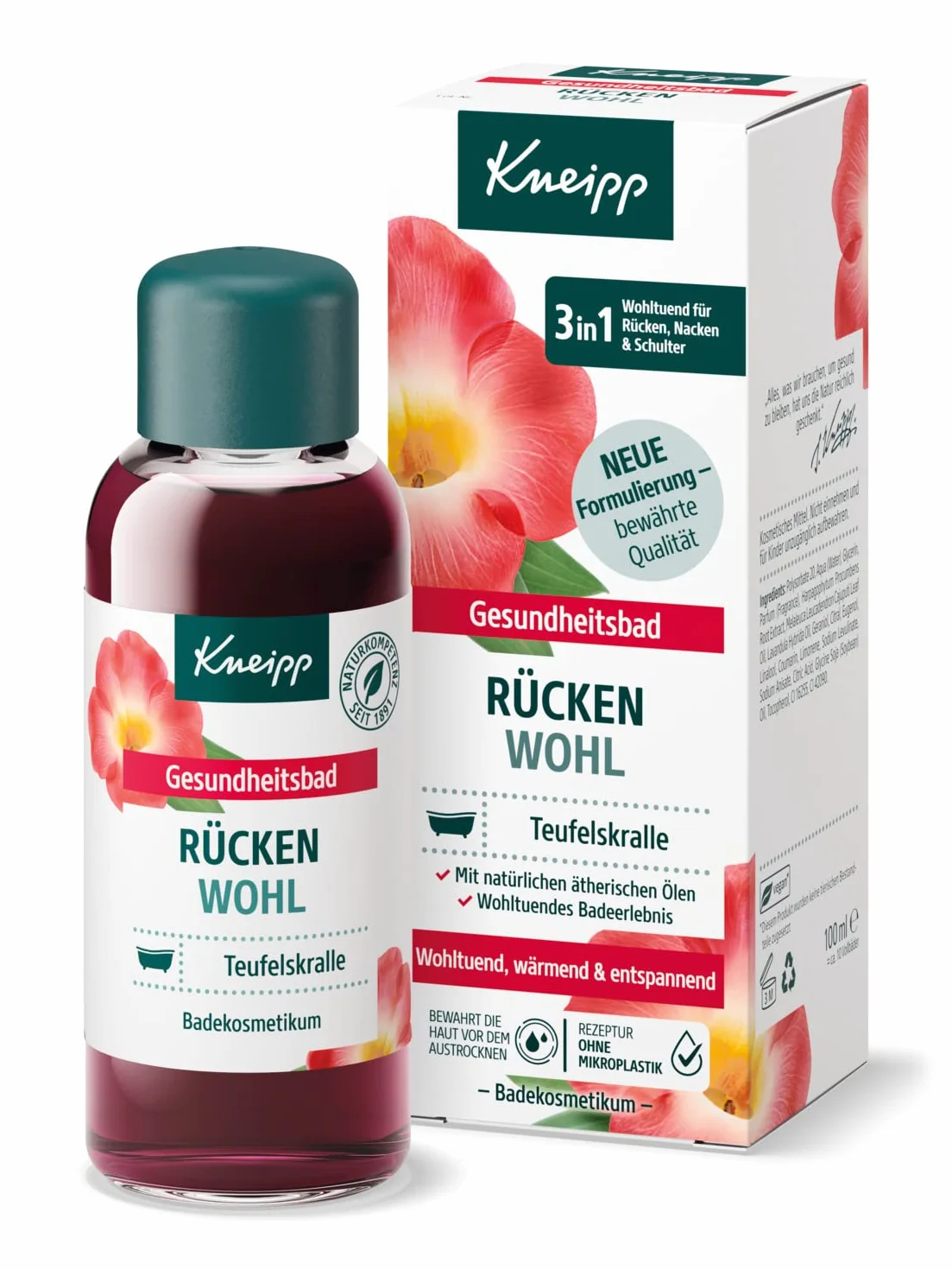 Kneipp Kąpiel zdrowotna dla pleców Wohl – olejek do kąpieli z cennym ekstraktem z diabelskiego pazura i naturalnych olejków eterycznych z lawendy i cajeputu – na plecy, kark i ramiona, 100 ml
