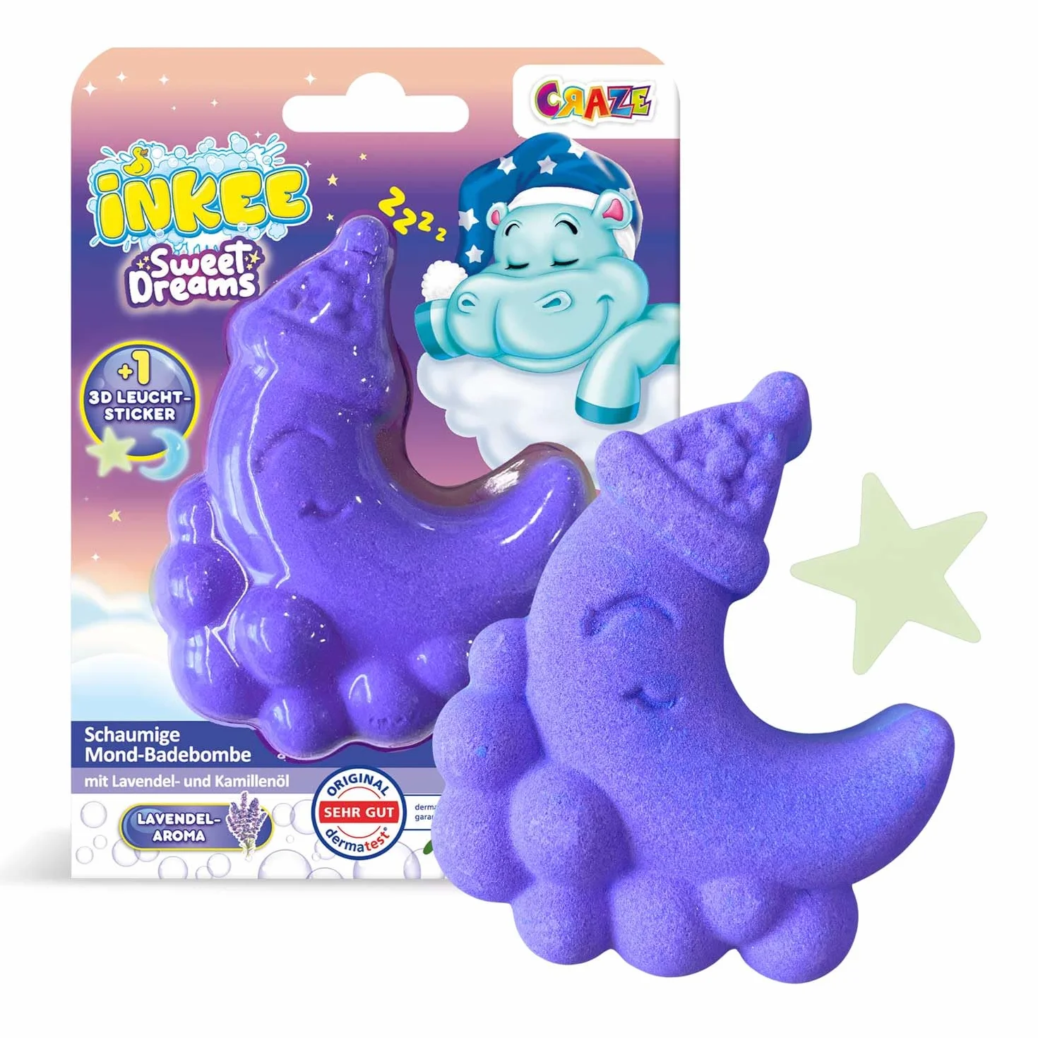 INKEE Foamy Moon Sweet Dream – spieniona kula do kąpieli w kształcie księżyca 60 g, kula kąpielowa dla dzieci z niespodzianką, z zapachem lawendy i olejkiem rumiankowym, fioletowa i niebieska
