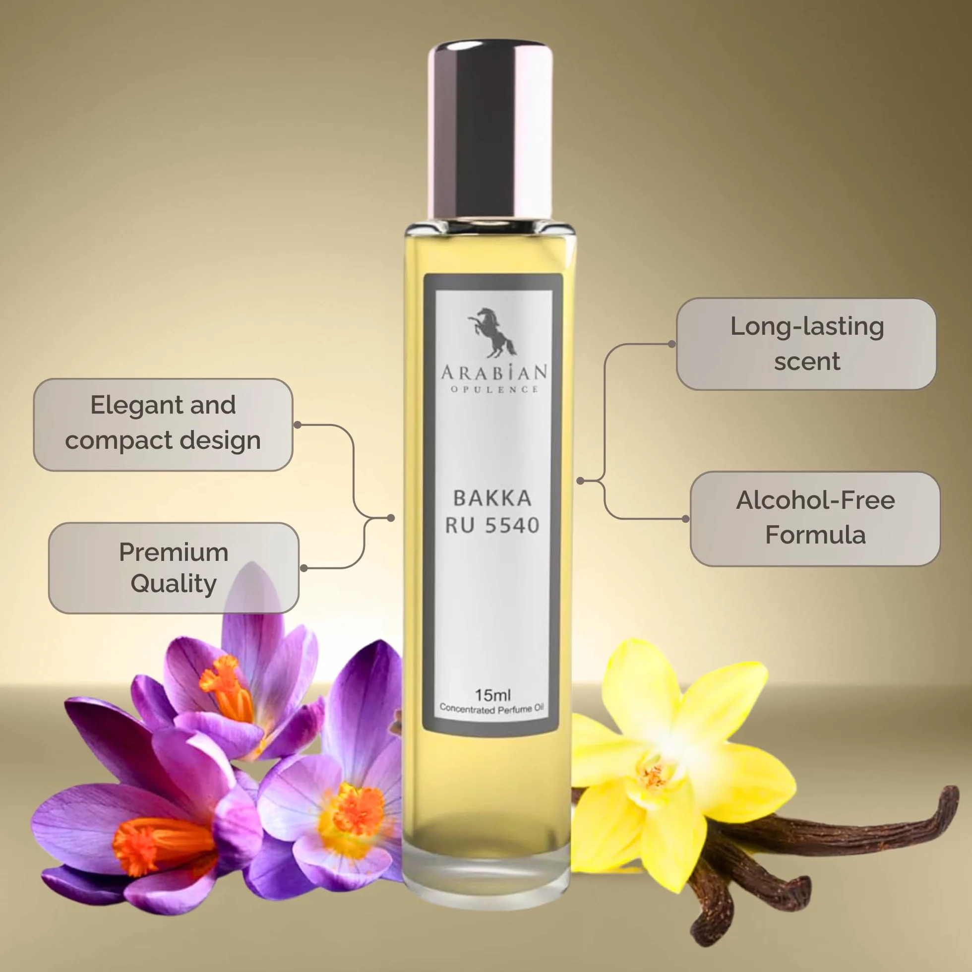Arabian Opulence FR328 Bakka Ru 5540 Roll-on olejek perfumowany, skoncentrowany olejek do ciała, długotrwałe perfumy na bazie oleju, dla mężczyzn i kobiet, rozmiar podróżny, butelka bezalkoholowego