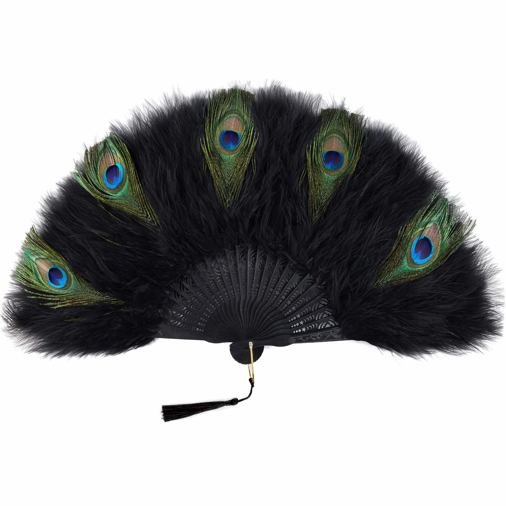 BABEYOND Damski wachlarz Marabou z piórami w stylu vintage w stylu retro w stylu retro Gatsby, akcesoria (czarny uchwyt – czarne pawie pióro)