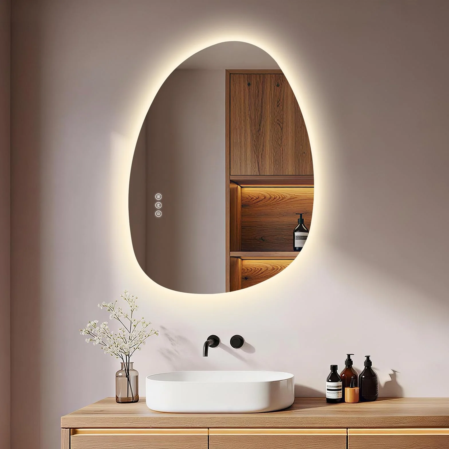S'AFIELINA Asymetryczne Lustro łazienkowe LED, Lustro z oświetleniem LED 55x75 cm, Backlight, Antypara, 3000K/4000K/6500K, Ściemnialne, Funkcja pamięci, Sterowanie dotykowe, Montaż pionowy/poziomy