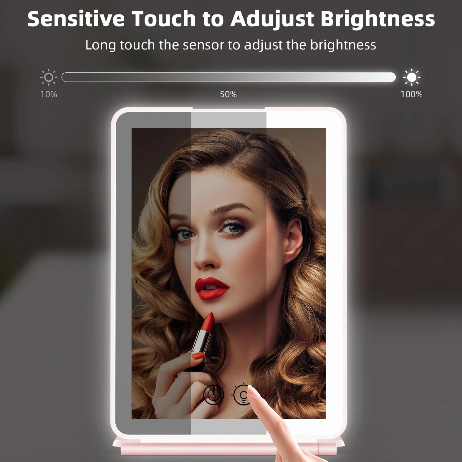 WEILY Podświetlane lustro do makijażu, 5 x podświetlane lustro powiększające, 3 zmienne kolory ekran dotykowy, lustro LED, USB z możliwością ładowania, toaletka w podróży (różowe)