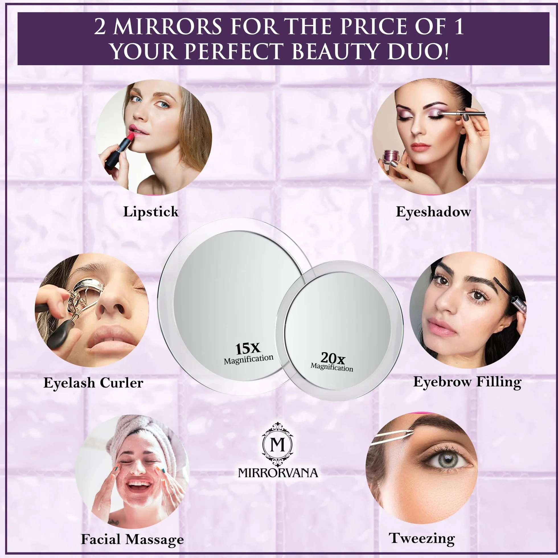 MIRRORVANA Lustro powiększające x20 i x15 z przyssawką łazienkową 10 cm 15 cm do makijażu